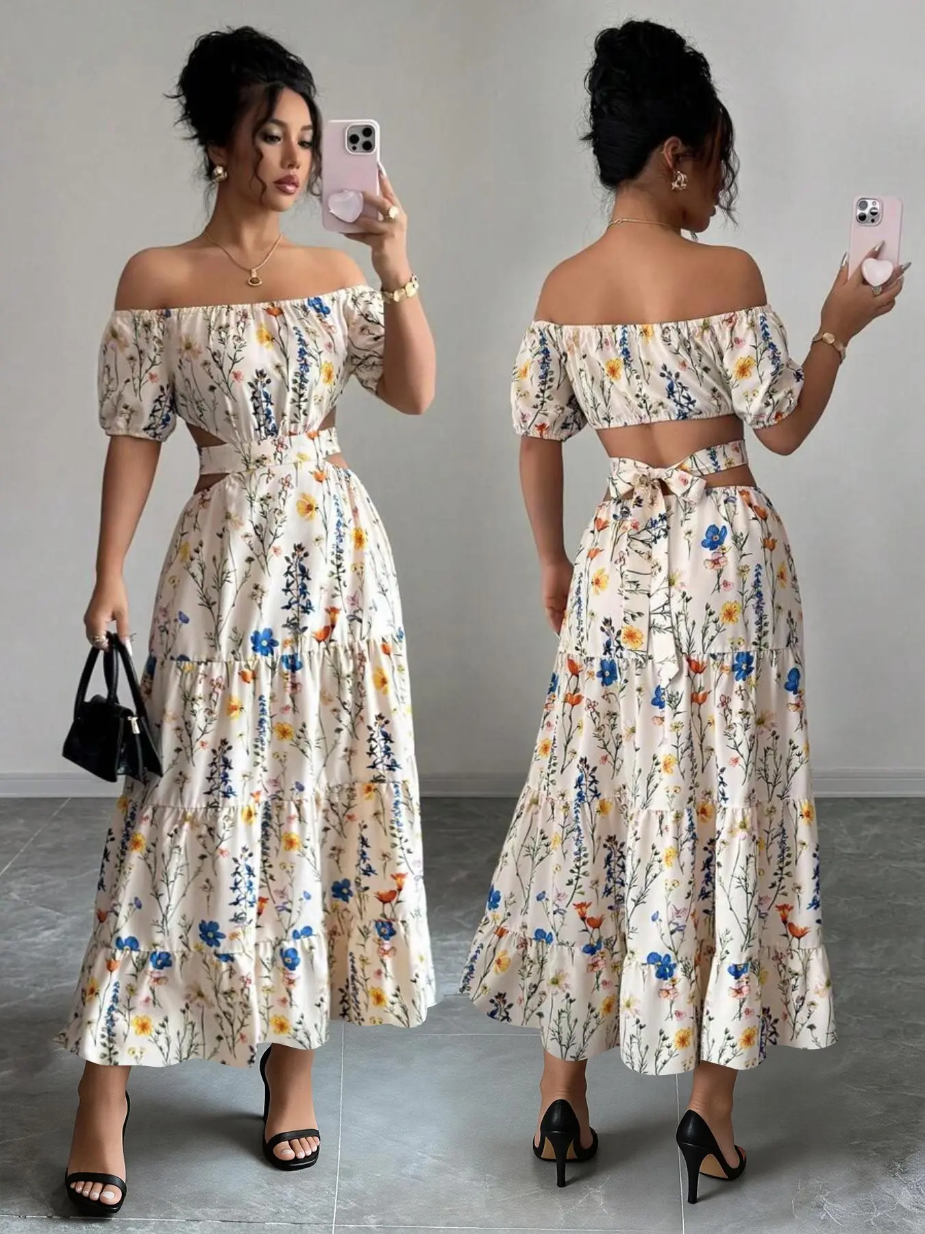 Elegant Backless Off-Shoulder Tie Floral Print Dress for Women, Perfect for Evening Parties, Dates and Vacation Wear, Long Dress for Special Occasions, Elegant Party Apparel
