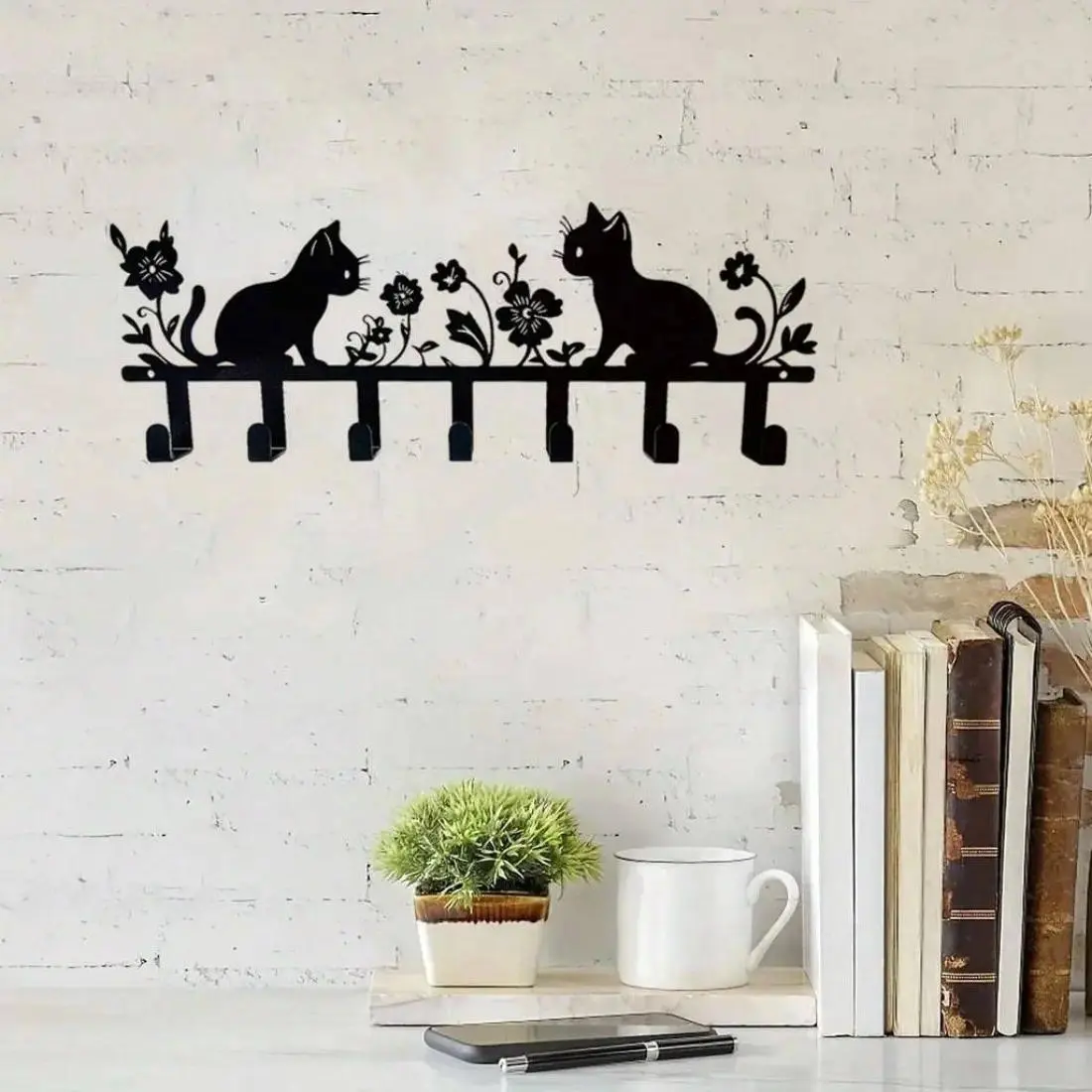 Lacquered Iron Wall Hook Rack with a Decorative Cat & Floral Pattern, Wall Mount Organizer for Entryway, Bathroom & Cloakroom, Decor, Home Storage, Animal Floral, Metal, Hanging, Entryway Hook, Convenient Home Storage, Iron Lacquer, Keychain Hook