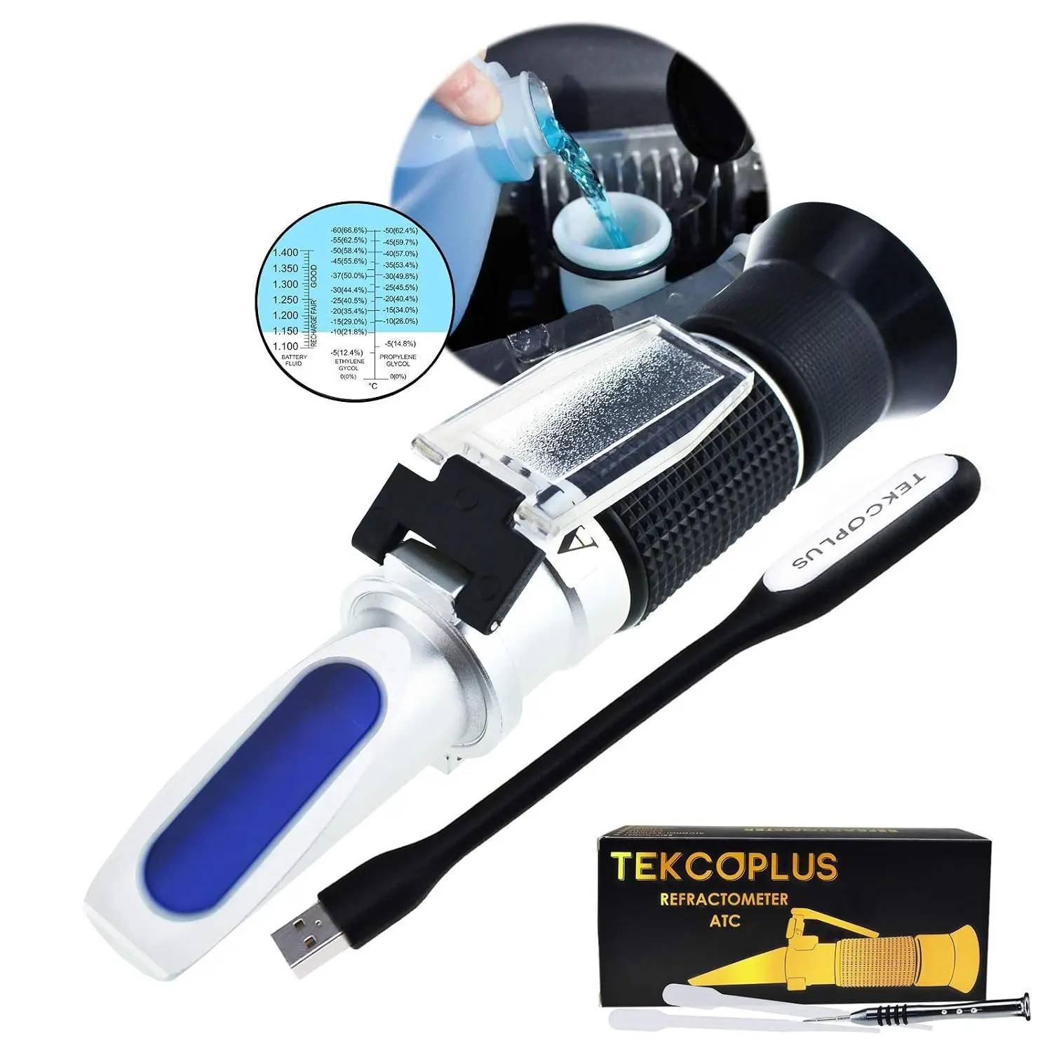 Antifreeze Refractometer Coolant Tester for Ethylene & Propylene Glycol, 4-in-1 Automotive Battery Fluid Specific Gravity & Windshield Washer Fluid Tester with ATC, -60°C to 0°C Range
