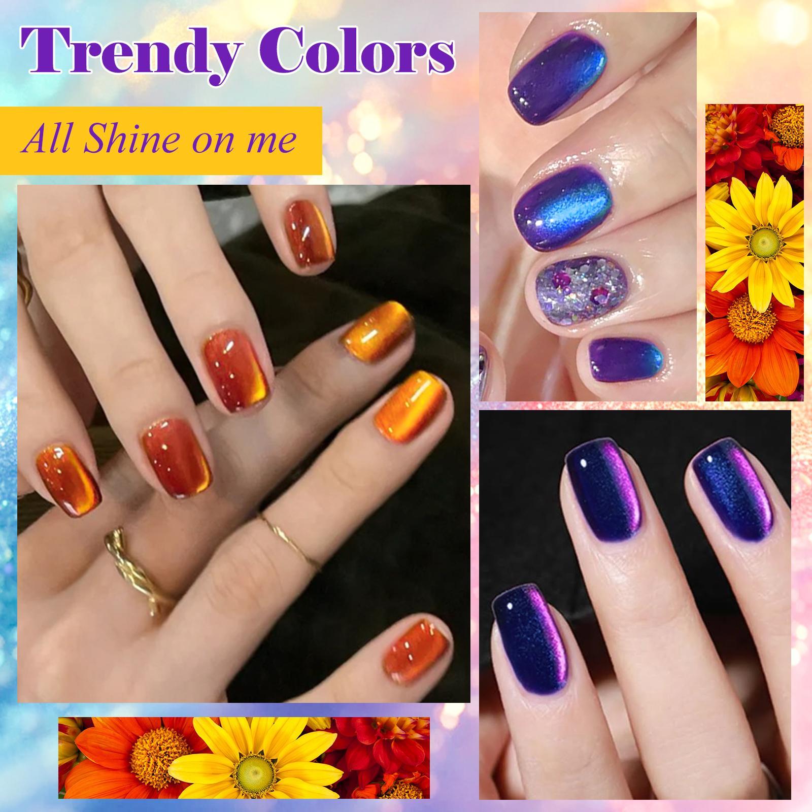MEET ACROSS 7 Pcs Colorful Gem Cat Eye Gel Nail Polish Set, Super Bright Magnetic Transparent Long-Lasting Soak-Off Gel for Home or Salon UV/LED Nail Art DIY