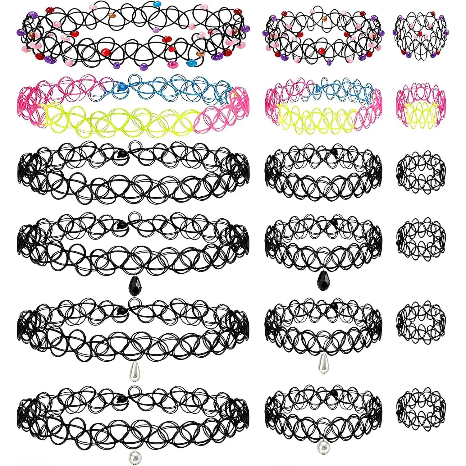 18 count  Choker Necklace Bracelet Ring Set Black Stretch Gothic  90s Choker Necklaces Y2K Fashion   Retro Grunge Aesthetic Accessories for Women