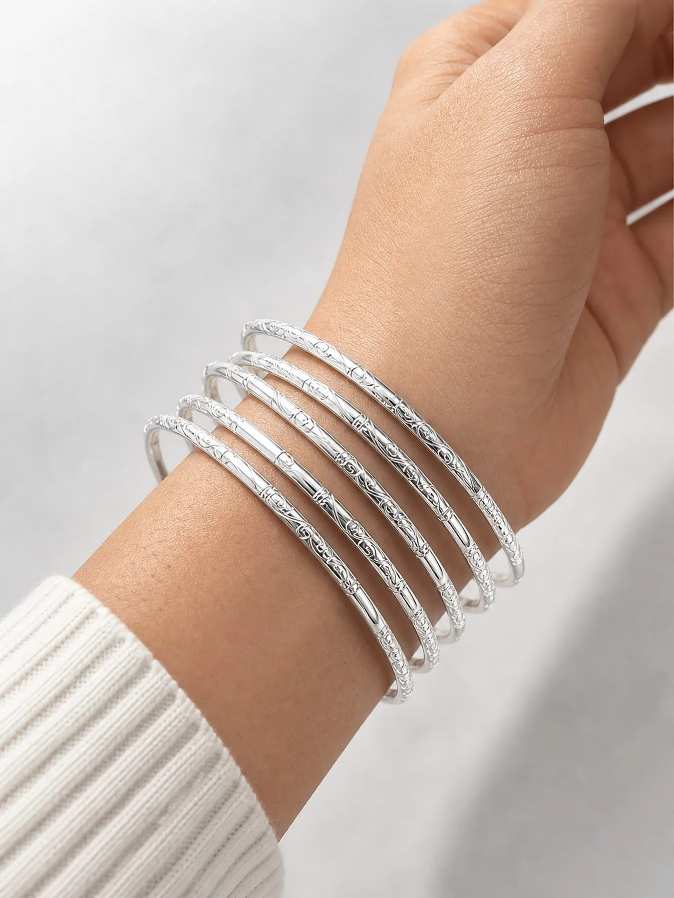 Silver Color Floral Five-Piece Bangle Set, Vintage Pattern Stackable Thin Bracelets, Elegant Jewelry for Women, Perfect Gift Idea