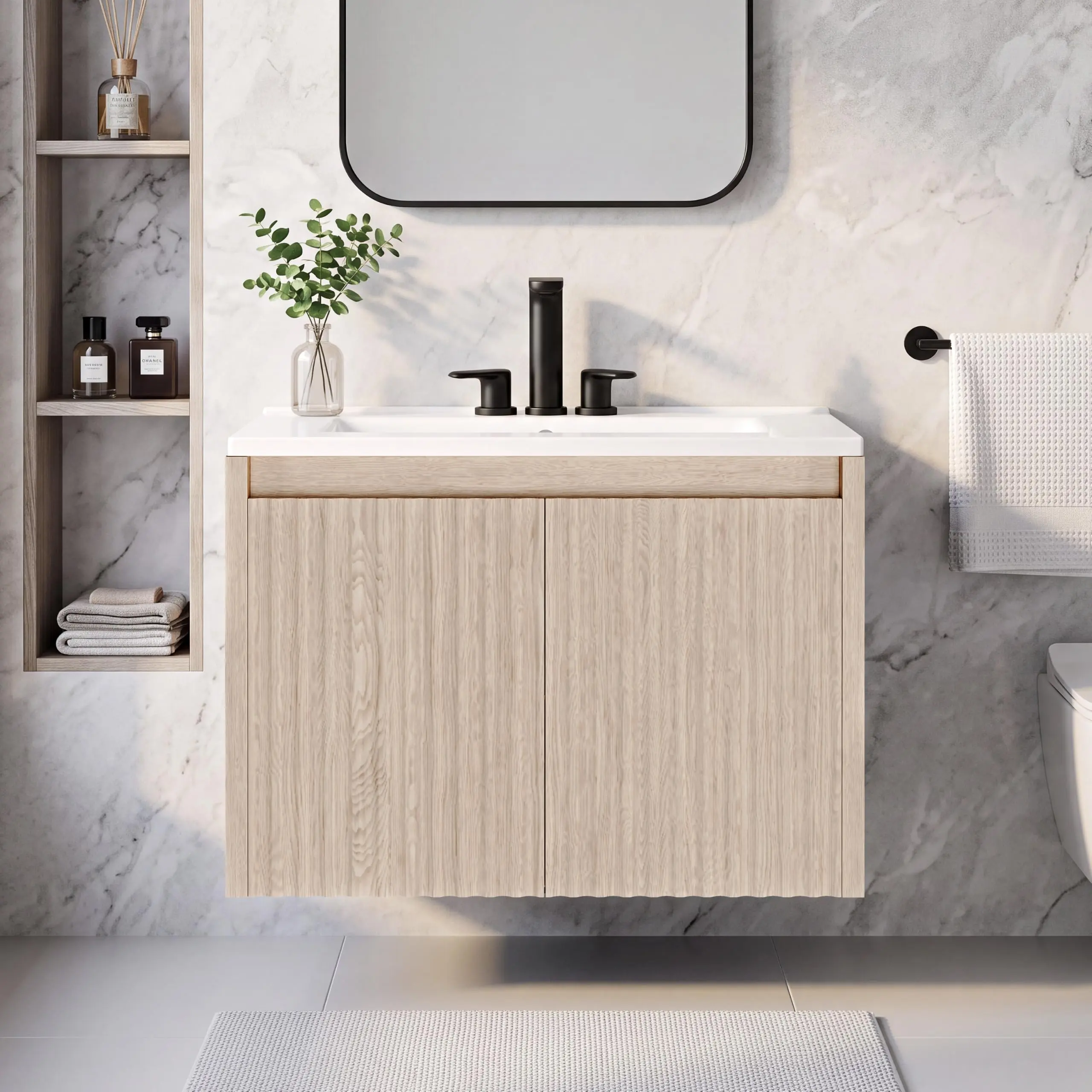 24" Modern Floating Mount Bathroom Vanity Set - Single Basin with Ceramic Sink, Fluted Door Cabinet, 4"/8" 3-Hole Design, Wall-Mounted Indoor Storage Furniture