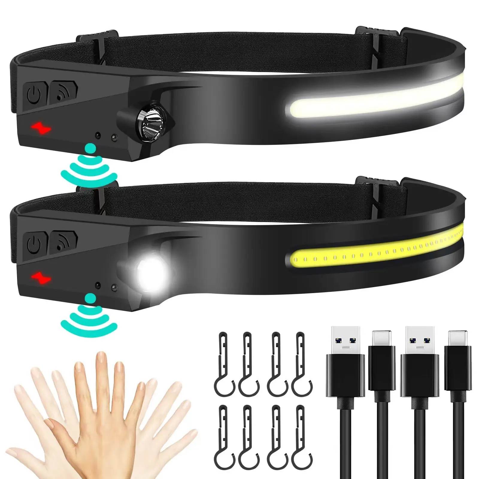 Rechargeable Headlamp, 230° Wide Beam Head Lamp with Motion Sensor, Waterproof Head Light Flashlight For Hiking, Running, Repair, Fishing, Biking, Valentine's Day Gift, Camping Headlamps