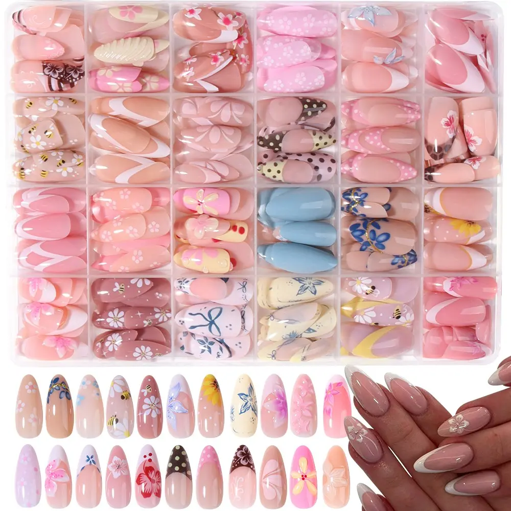 576pcs Long Almond Shape 3D Gel, Flower Design, French Tips, Acrylic False Nails, Includes 4 Jelly Glue & 2 Nail Files, DIY False Nail Kits, False Nail Set, Nail Art Supplies