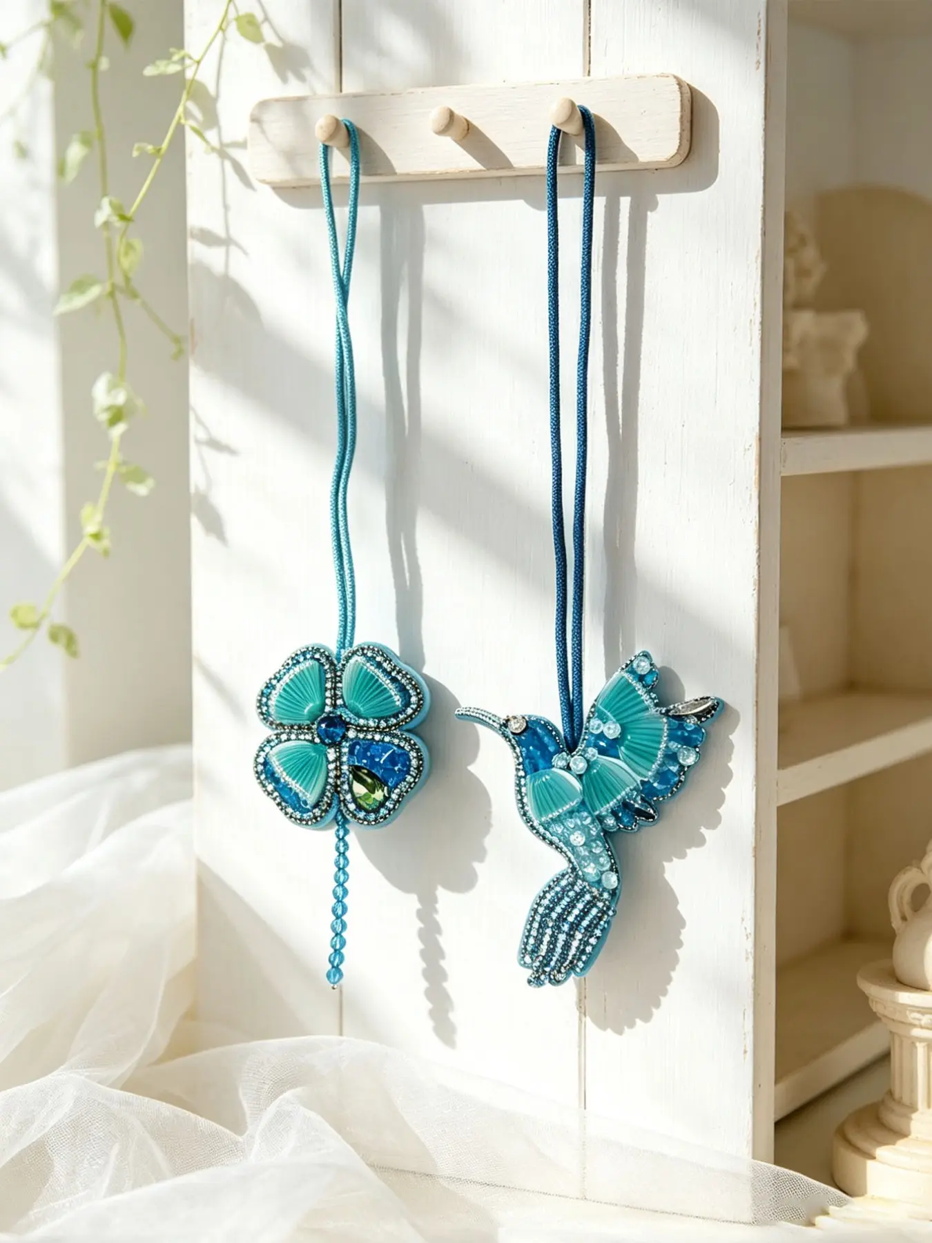 Two Ice Blue Handmade Beaded Lanyard Sets, Clover Hummingbird Sequin Bead Embroidery Pendant, Backpack Zipper Decorative Keychain