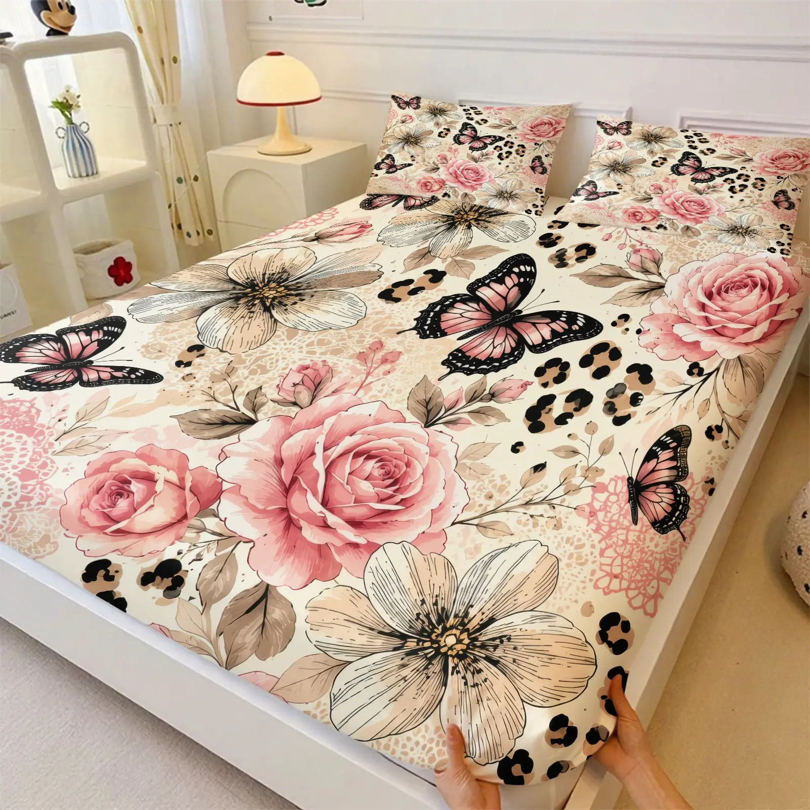 Floral Butterfly Leopard Fitted Sheet Set, Include 1 Bedcap and 2 Pillowcases, Pink Rose Wildflower Leopard Spot Print Fashion Unique Mattress Cover, Elastic Deep Pocket Design Non-slip Bedspread, Soft Comfortable, All Seasons Use