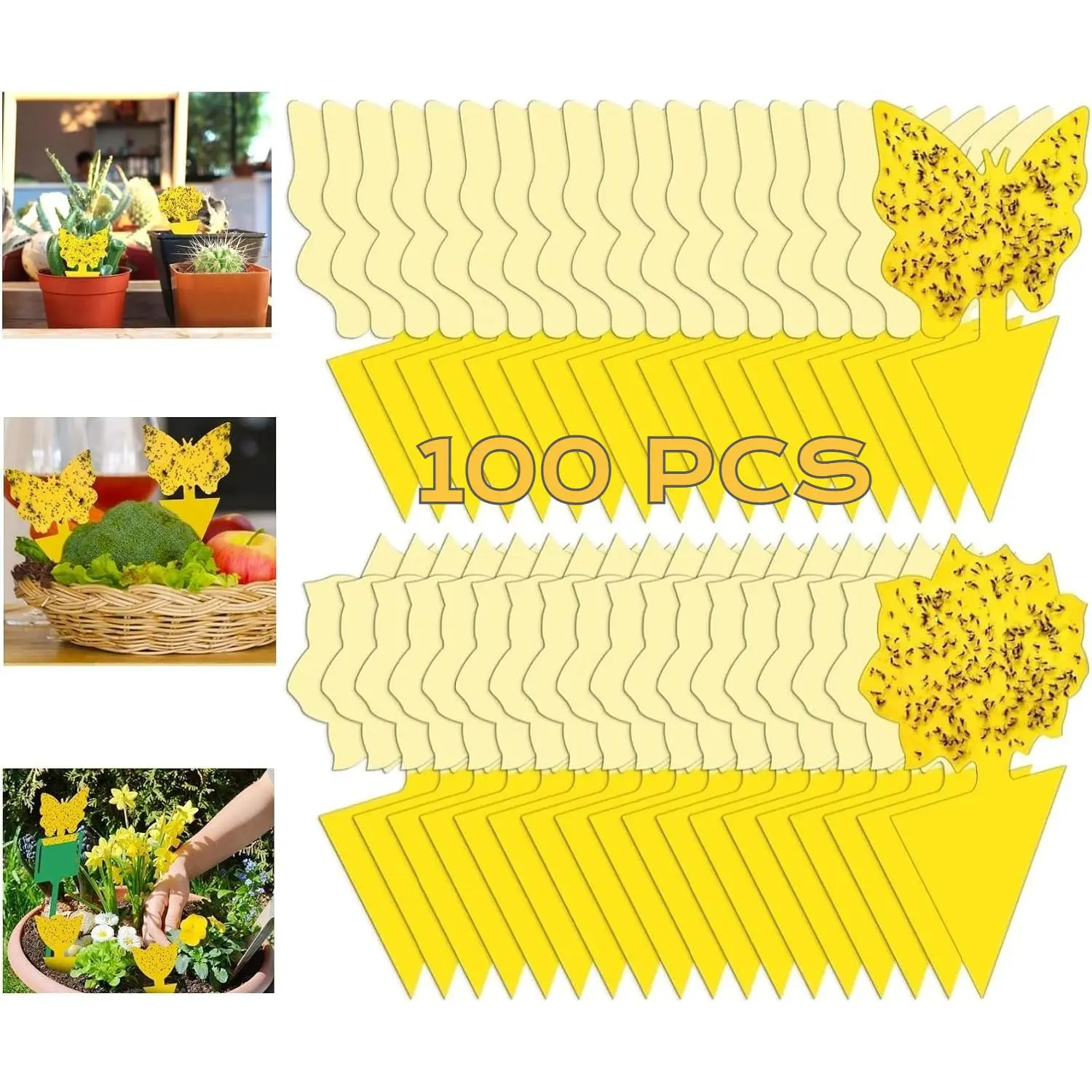 100Pcs Bulk Packs Sticky Bug Traps - Double-Sided Non-Toxic Odorless Insect Catcher for Both Indoor Houseplants & Outdoor Gardens, Fungus Gnats, Fruit Flies, Whiteflies, Aphids, Leaf Miners (Plant Care Pest Control), Both Indoor/Outdoor