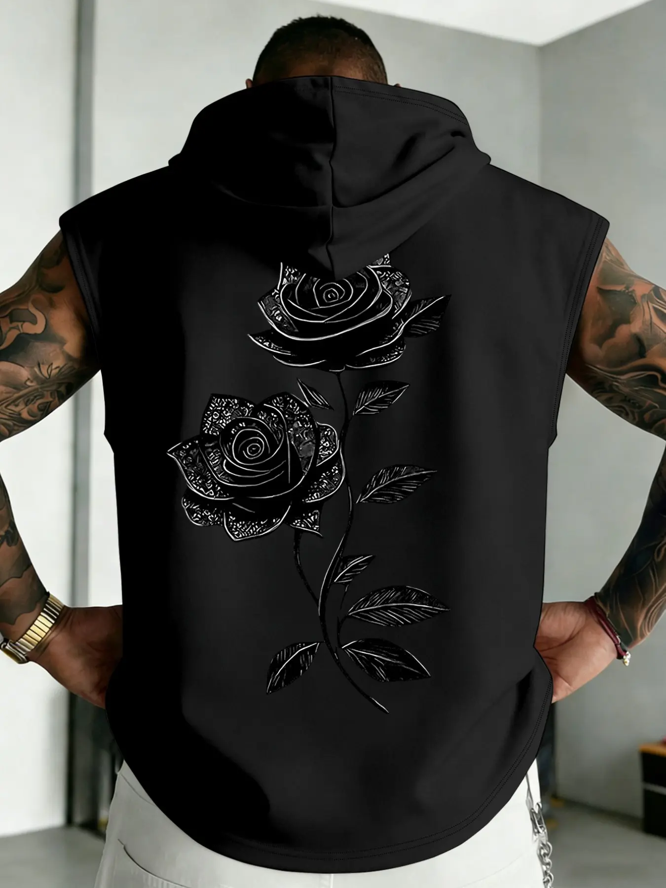 Men's Black Rose Floral Print Sleeveless Drawstring Hooded Tank Top Casual Streetwear Gym Workout Fitness Muscle Hoodie Vest Menswear #MensHoodedTank #RosePrintTop #StreetwearMen #GymVest #TikTokFashion #TrendingMens #DarkAesthetic #OOTDMen