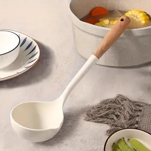 Silicone Spoon with Wooden Handle - Large And Deep Spoon, Suitable for Soup And Congee, High Temperature Resistance, Non-Stick Pan, Safe And Reliable, Ideal for Family And Restaurant Use