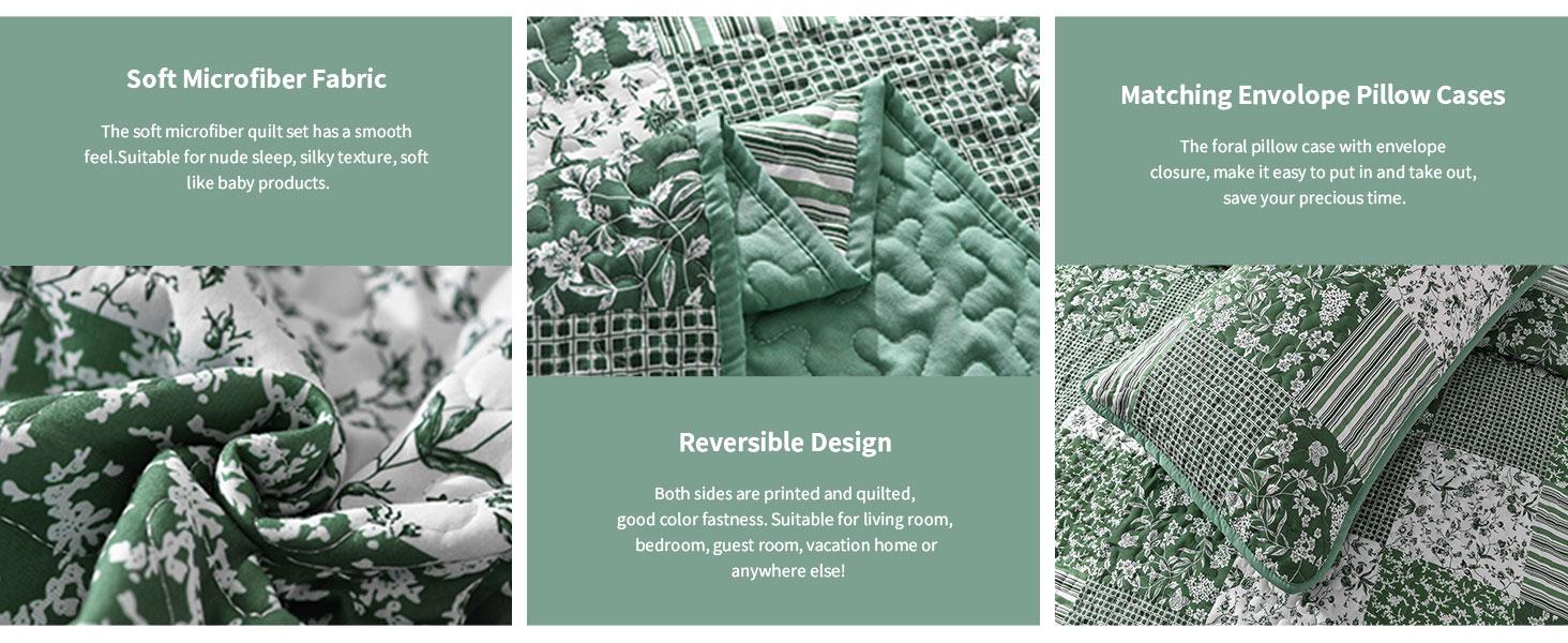 Green Set Twin Size, 2 Pieces Floral Bedspread Set Patchwork Reversible Bedding Set Microfiber Lightweight Bedspread Coverlet Set for All Season 68"x86"