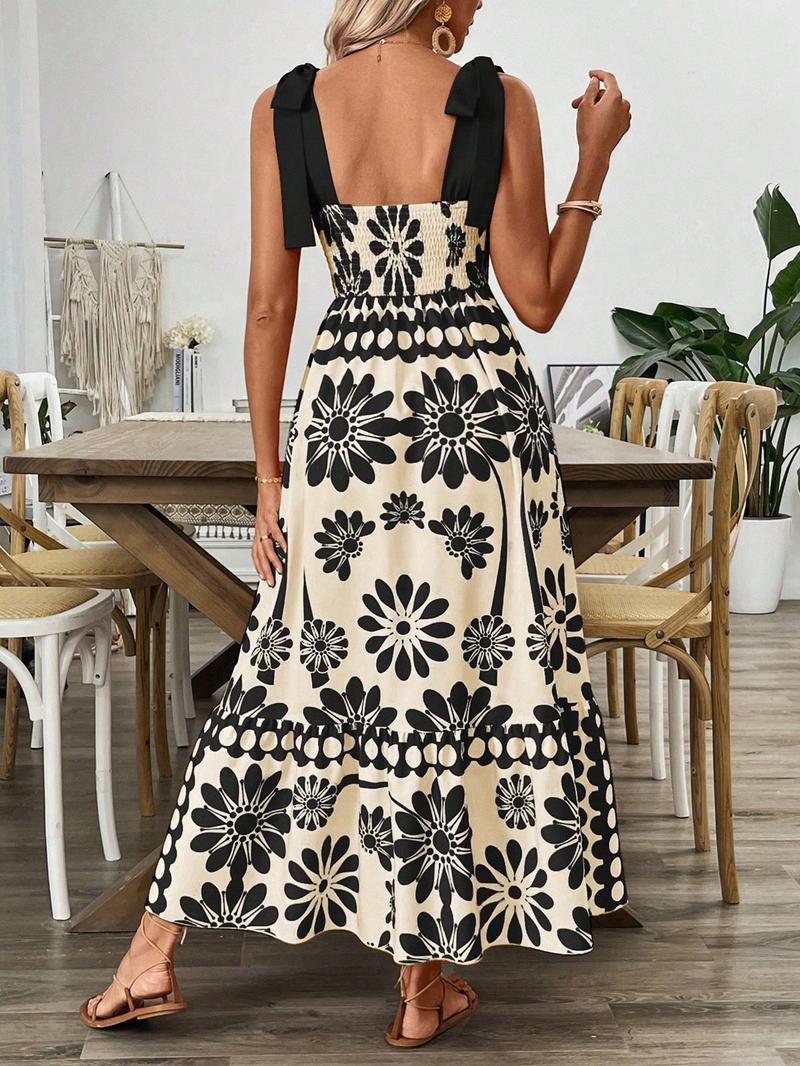 Women's Floral Print Tie Shoulder Dress, Casual Bohemian Sleeveless, Boho Sleeveless Dress for Beach Holiday Vacation, Ladies Summer Clothes