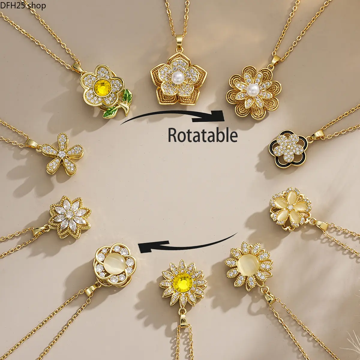 Rotatable Flower Pendant Necklace for Women, Fidget Spinner Jewelry With Daisy Floral Design, Elegant Gold Tone Crystal Charm Necklace, Stress Relief Fashion Accessory for Daily Wear, Gift for Her