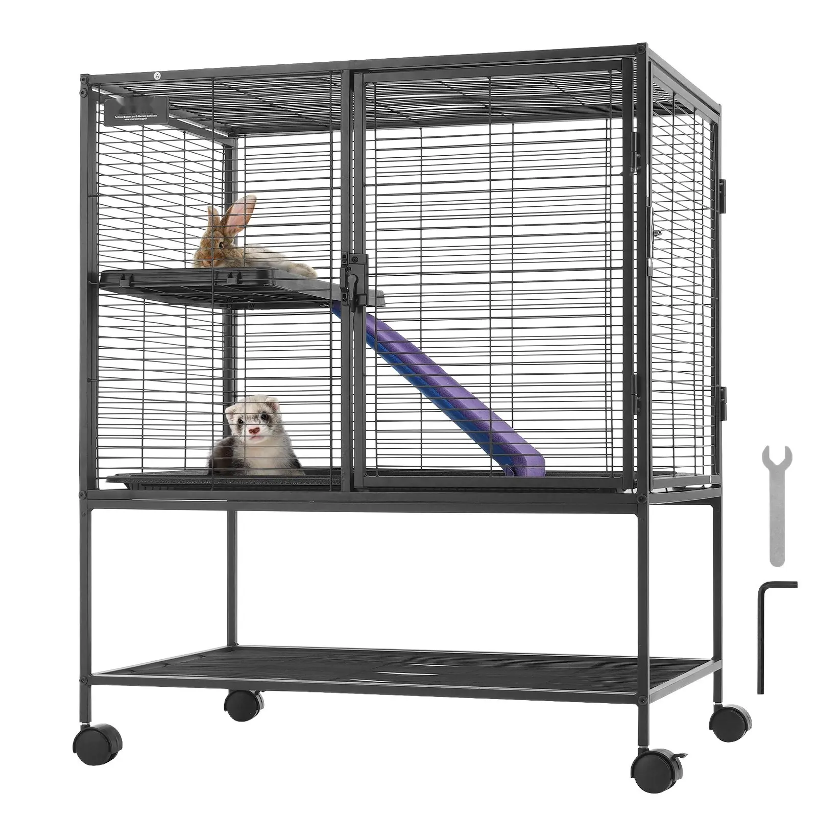 36-In Metal Small Animal Cage - 2-Tier Rolling Ferret Habitat with Metal Mesh, Removable Tray, Ramp, Locking Wheels, Sturdy Build, Spacious Enclosure for Ferrets, Rodents (Cleaning-Ease Design)