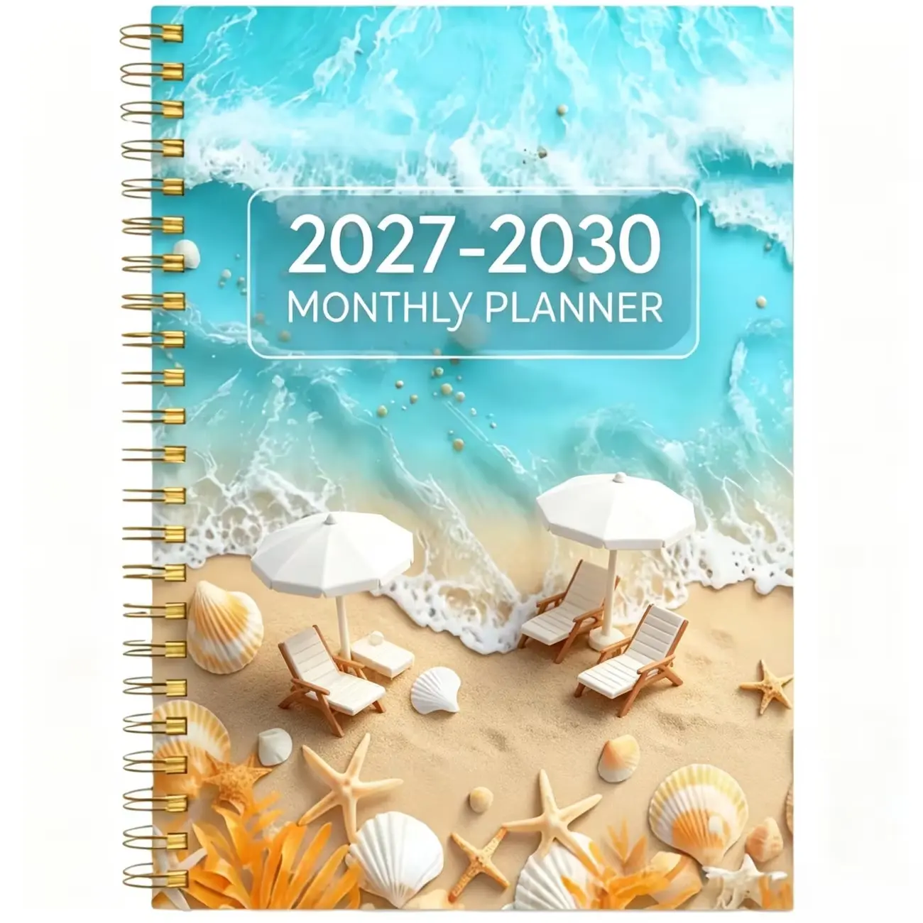 Beach-Themed Planner 2027-2030, Monthly Organizer with Refreshing Wave Cover, Ideal for Travel Lovers and Slow Living Enthusiasts