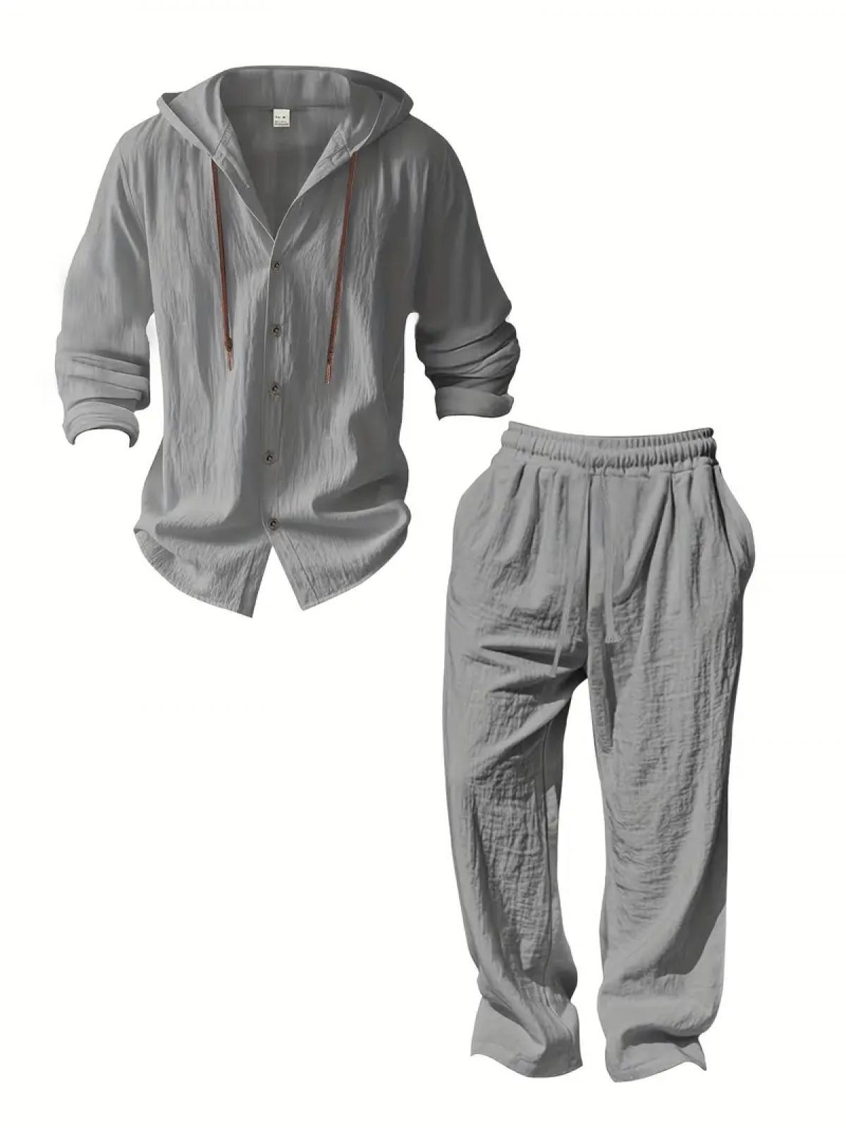 2-Piece Set Men's lightweight  Trendy Hooded，Made From Soft Linen，Casual Vacation Style, Loose Fit Breathable Fabric,Long Hoodie & Wide-Leg Pants, Summer Wear outdoorfun Sweatshirt Clothes Fashion Trouser