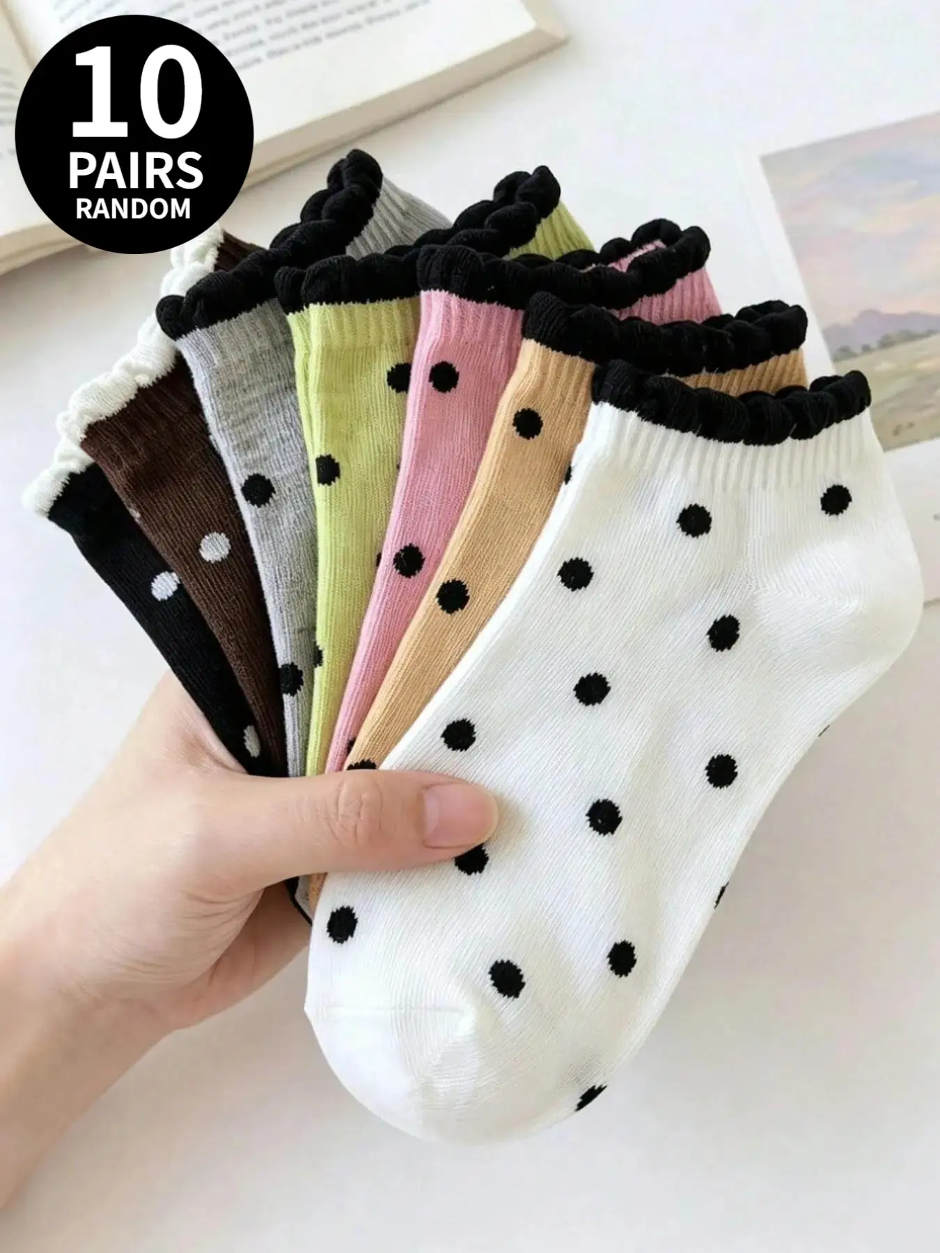 10 Pairs of Random-Pattern Polka-Dot Bubble-Top Ankle Socks, Casual Socks, Sweet Macaron 7 Random Colors, Everyday Simple, Cute, and Versatile