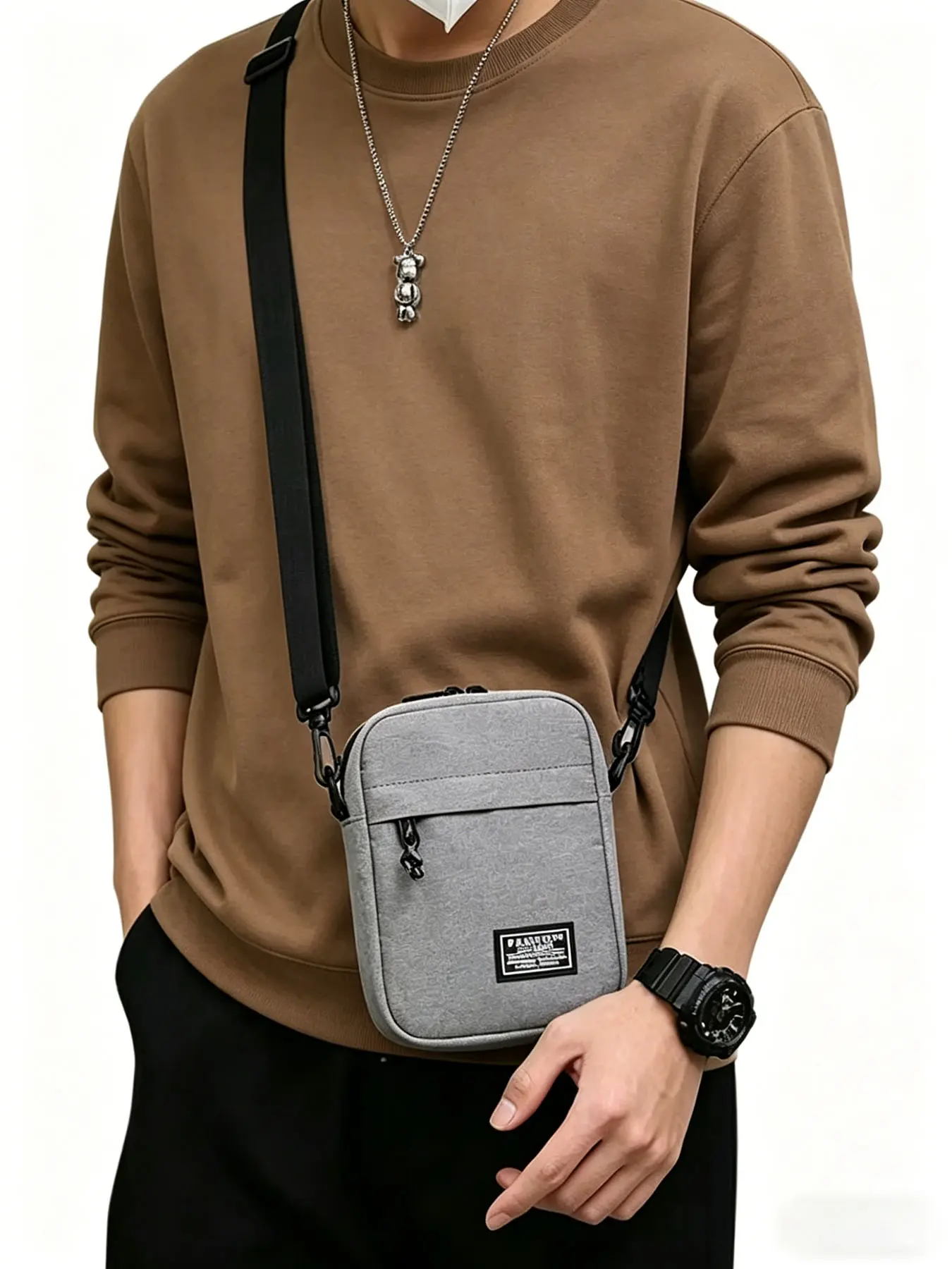 Small Canvas Chest Sling Bag, Mens trendy black pouch for daily outings and street wear, adjustable straps for snug fit, lightweight design mainly for phone storage, minimalist street casual pack