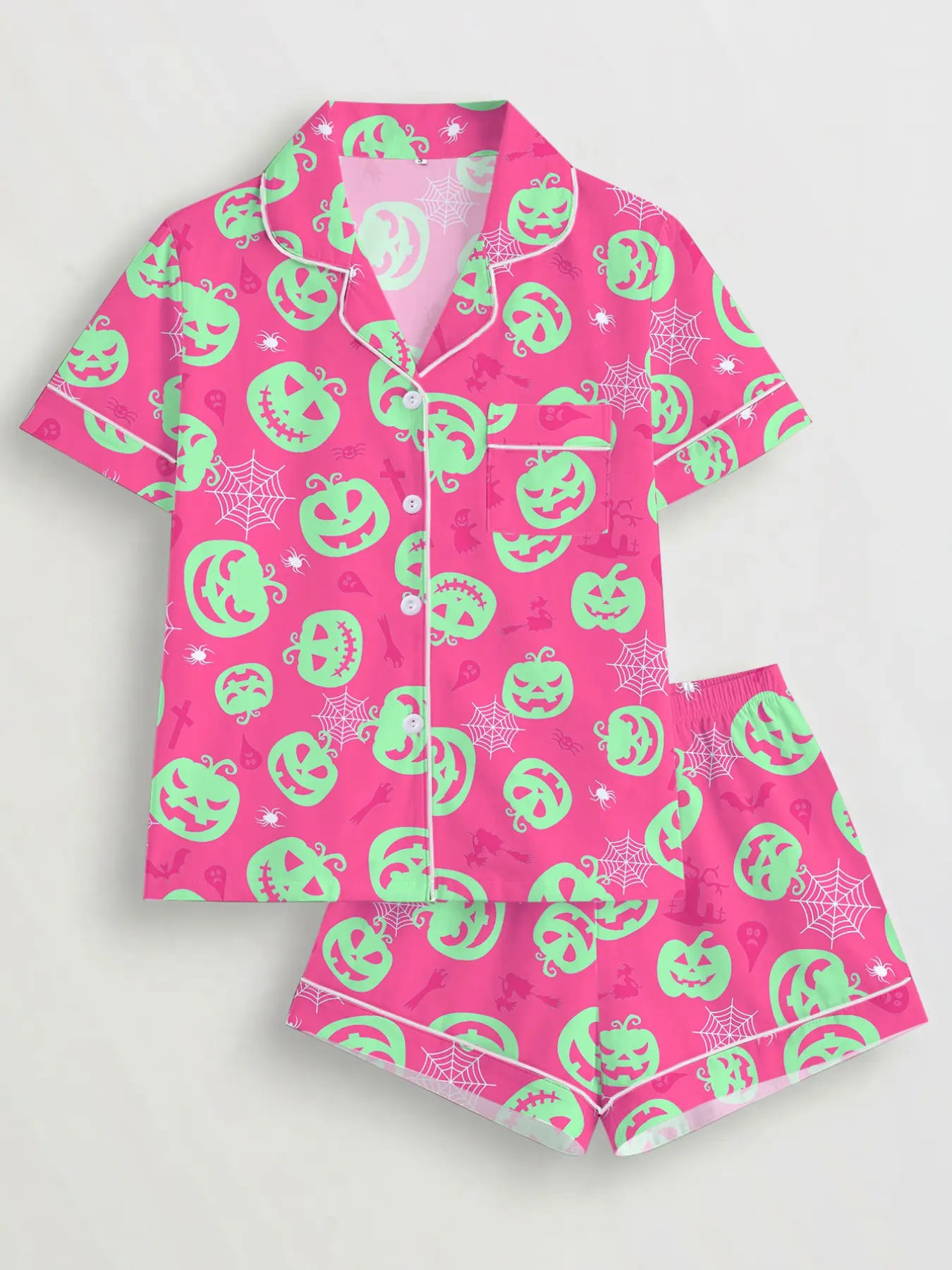 Women's Halloween Soft Pajama Set Pjs, Loungewear, Pumpkin Bat Print, Casual Fitted Sleepwear, Short Sleeve Shirt & Elastic Shorts, All Seasons Comfort, Fall Sleepwear Set