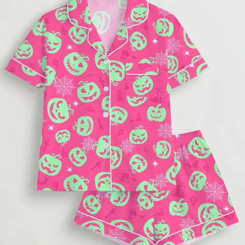 Women's Soft Halloween Pajama Set, Pumpkin and Spiderweb Print Loungewear, Short Sleeve Button-Up Shirt and Elastic-Waist Shorts, Comfortable All-Season Sleepwear