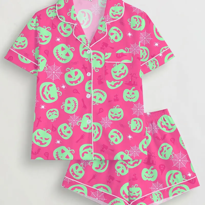 Women's Soft Halloween Pajama Set, Pumpkin and Spiderweb Print Loungewear, Short Sleeve Button-Up Shirt and Elastic-Waist Shorts, Comfortable All-Season Sleepwear
