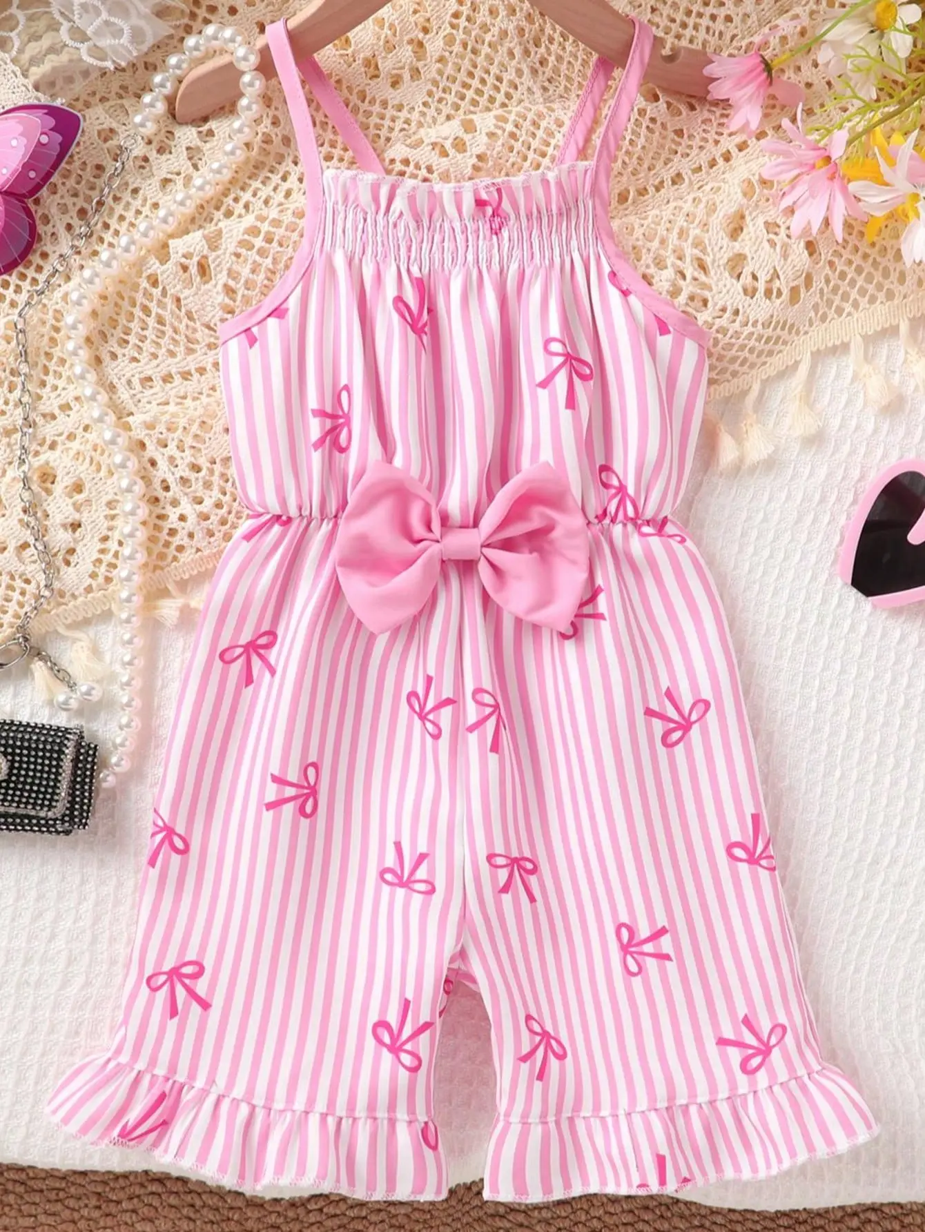 Younger Tree Girls' Jumpsuit, Ruffle Striped Bow-Print 1-Piece in Soft Stretchy Knit, Versatile for Outdoor & Daily Wear, Ages 2-7, Stretchy Knit Fabric Girls' Jumpsuits, 2 - 7 Year, Practical And Versatile, Child Design Girls' Jumpsuits