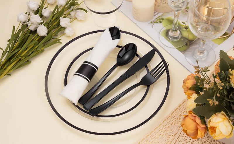 350PCS Clear & Black Disposable Plates Set – 100 Plates, 50 Cups, 50 Pre-Rolled Napkins & Cutlery for 50 Guests with Fashion Design