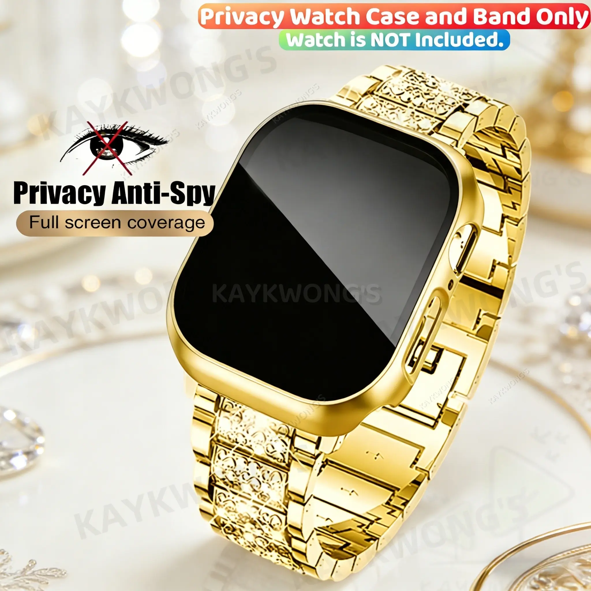 KAYKWONG'S 2 in 1 Set, Smartwatch Accessories, with 1 Rhinestone-Style Metal Watch Band and 1 Privacy Anti-peeping Protective Watch Case, Anti-Scratch, Compatible with Iwatch Series 11/10/9/8/7/se2/se/6/5/4/3/2/1, for Size 49/46/45/44/42/41/40mm