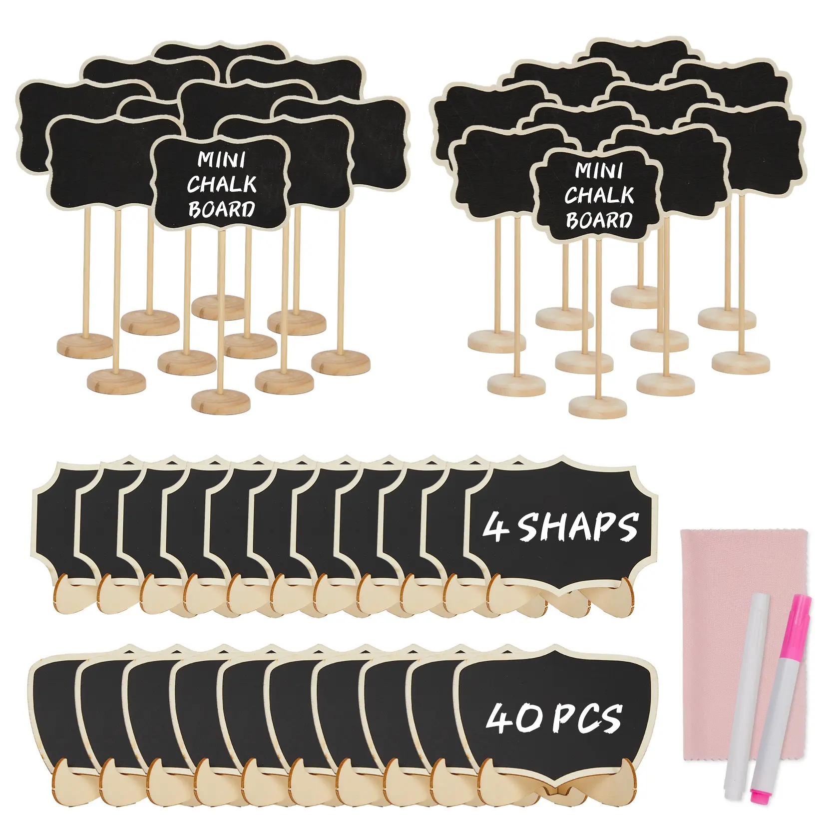 40 Pack Reusable Mini Chalkboard Signs - Wooden Tabletop Blackboard Labels with Stand & Marker