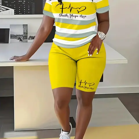 Letter Print Striped Casual Round Neck Short Sleeve Top and Shorts Set, Two-Piece Set for Spring and Summer Two Piece Outfits
