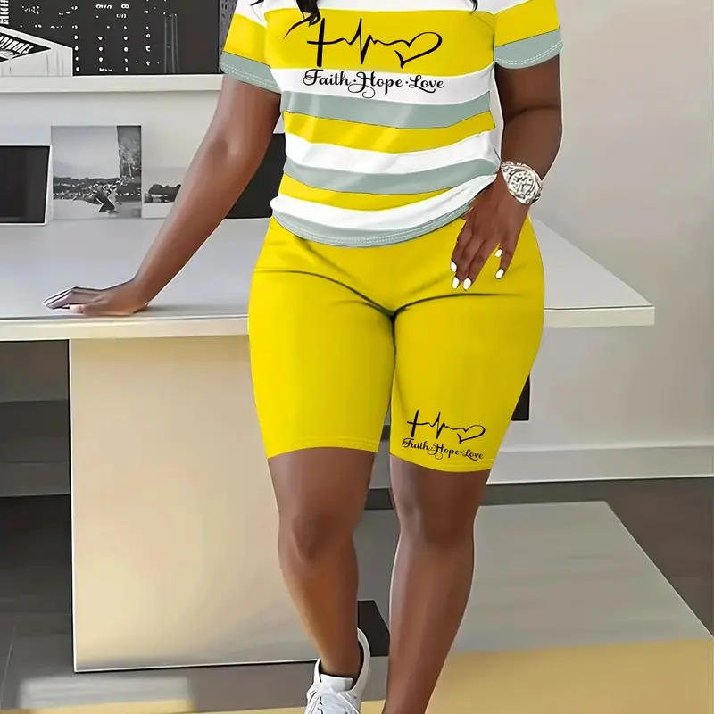 Letter Print Striped Casual Round Neck Short Sleeve Top and Shorts Set, Two-Piece Set for Spring and Summer Two Piece Outfits