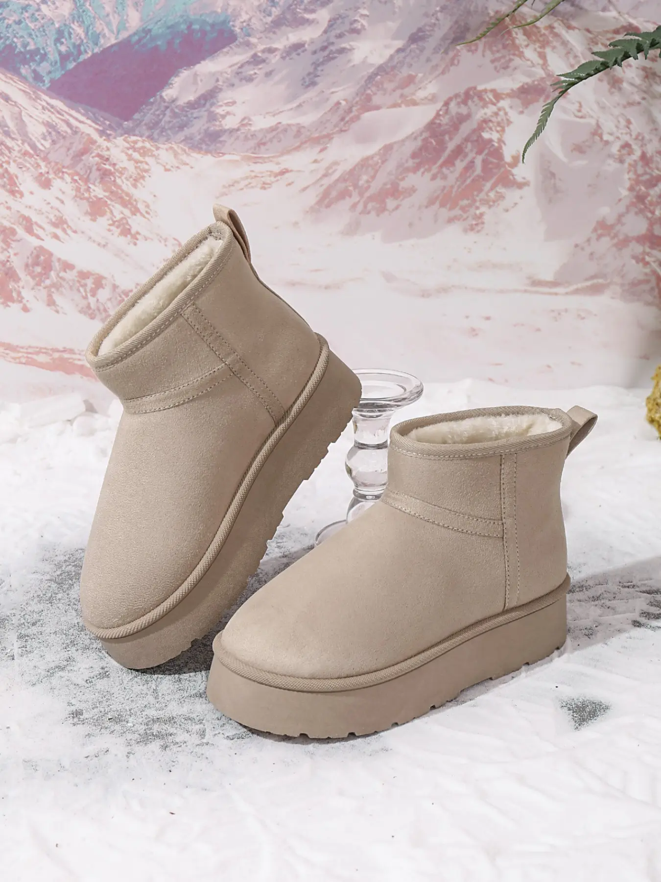 Casual Women Warm Plush‑Lined Ankle Snow Boots, Simple Stitched Suede Upper, Thickened Platform‑Sole Comfort Winter Footwear