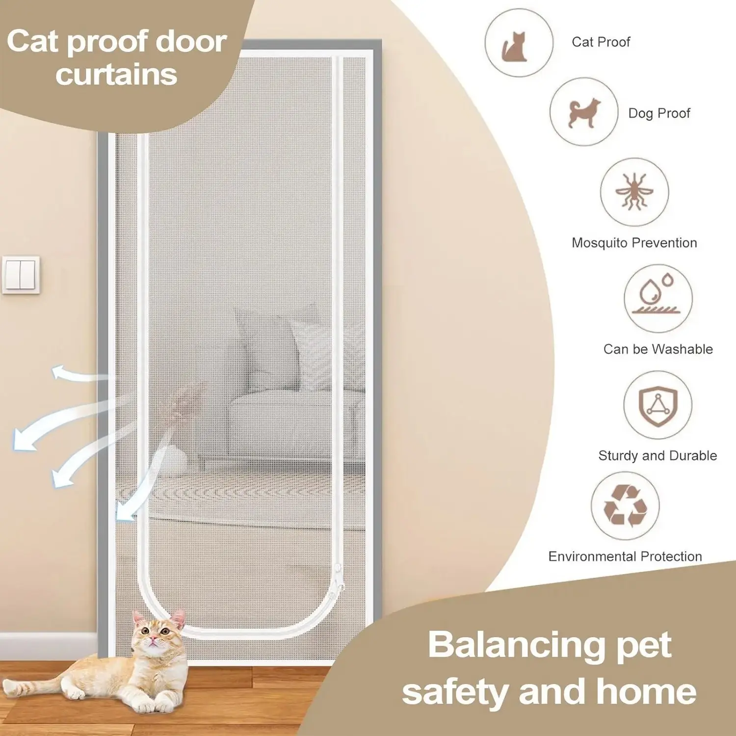 1 Piece Home Zipper Mesh Door Curtain, U-Type Door Divider, Cat Mosquito Bug Proof, Suitable for Various Door Types, Mesh Zipper Doors