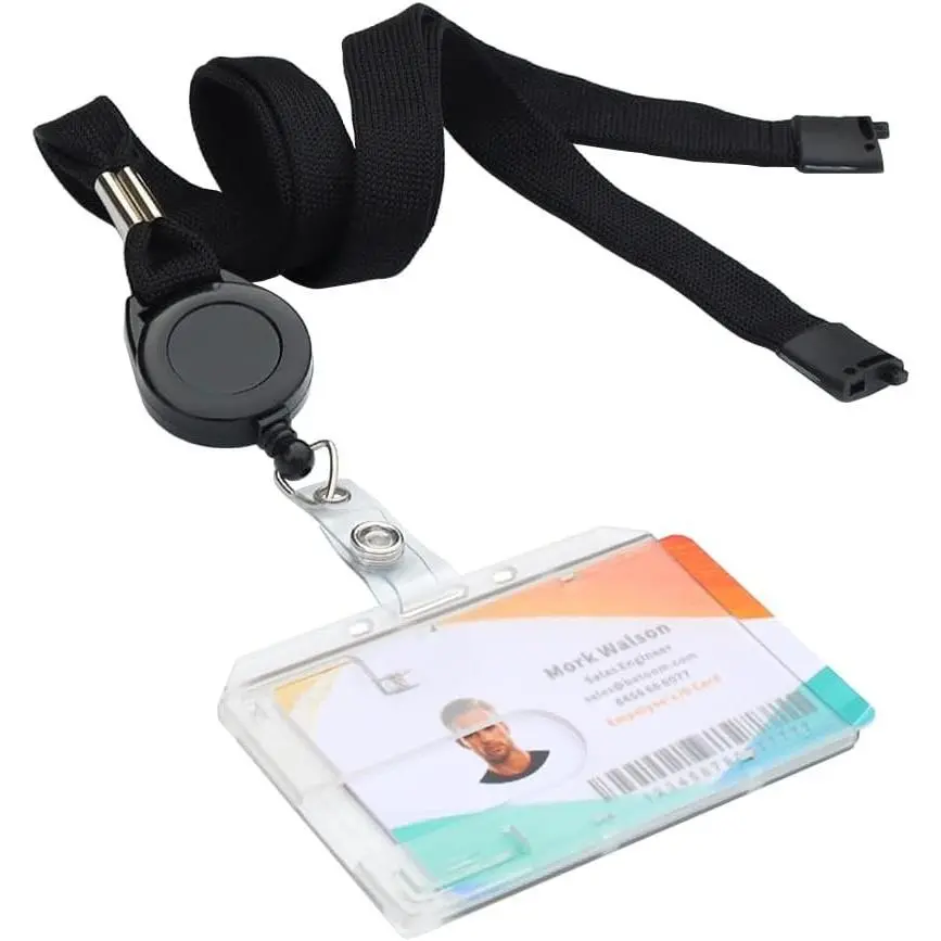 Black Retractable Lanyard and Horizontal ID Badge Holder Combo | Safety Breakaway Clasp, Heavy Duty PC, Easy Thumb Access, Single I'd Protector Card Holder for Office, School &