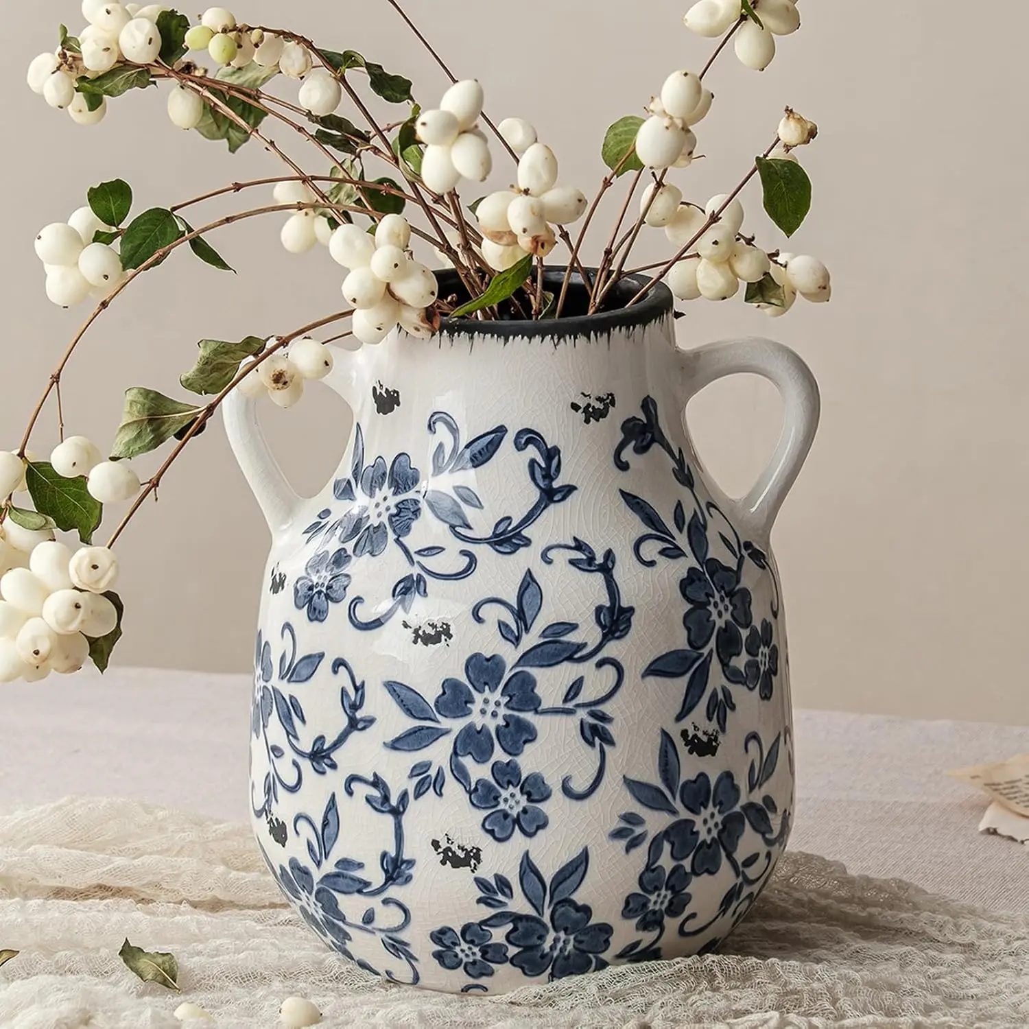Blue and White Vintage Round Flower Vase with 2 Handles, Chinoiserie Floral Vase, Retro Ice Cracked Ceramic Large Vases for Home Decor, Living Room, Grand Millennial Chinoiserie Decor, 7.7 Inch