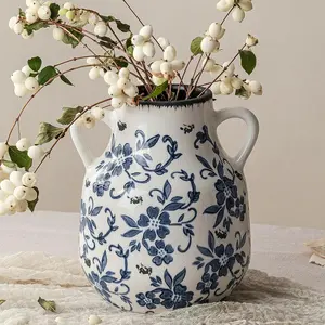 Blue and White Vintage Round Flower Vase with 2 Handles, Chinoiserie Floral Vase, Retro Ice Cracked Ceramic Large Vases for Home Decor, Living Room, Grand Millennial Chinoiserie Decor, 7.7 Inch