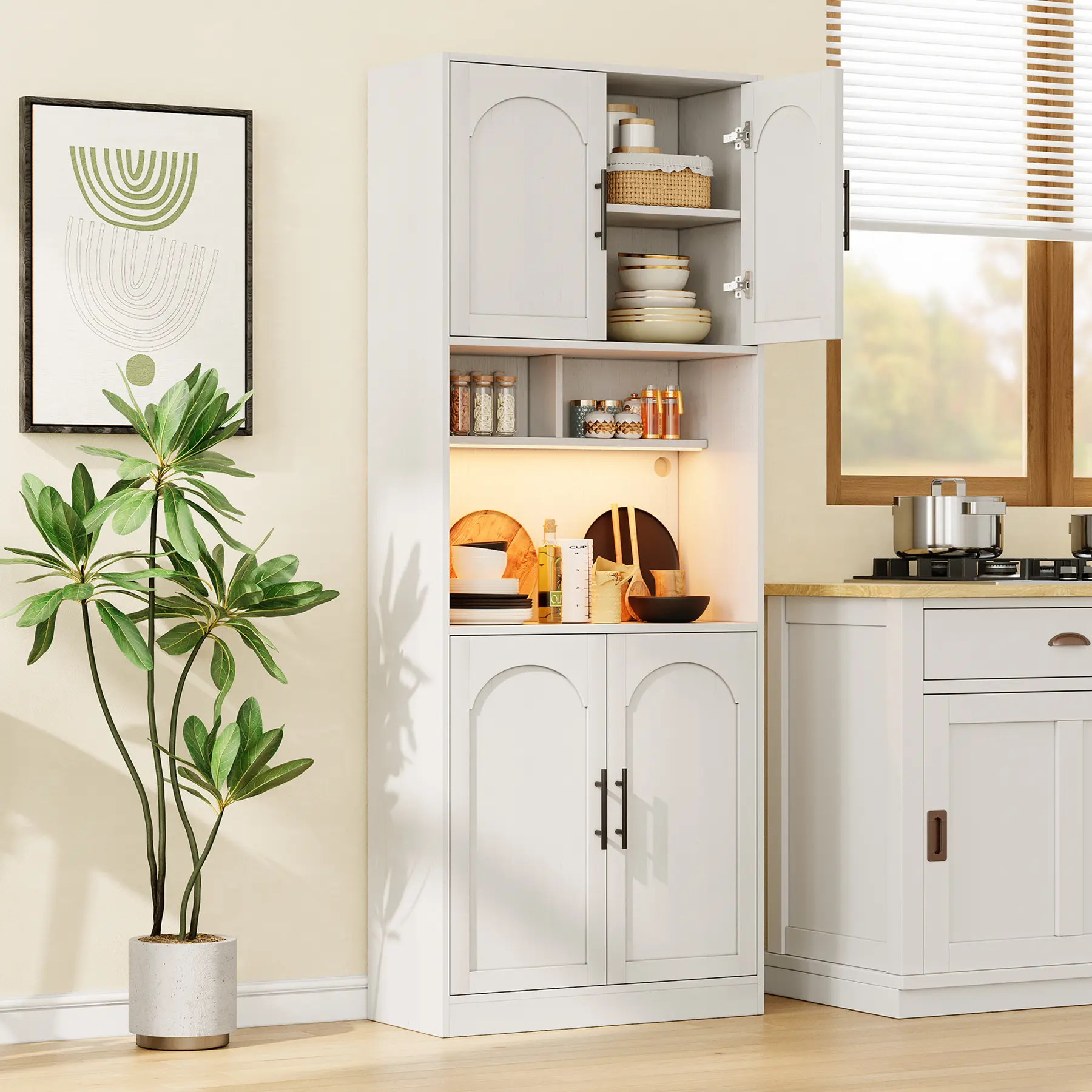 Freestanding Pantry Cabinet with LED Lights – 71" Tall Modern Farmhouse Kitchen Hutch – Microwave Shelf & Adjustable Storage Cupboard – Ideal for Kitchen, Dining Room, Living Room, Bathroom – White,dorm essentials,home decor