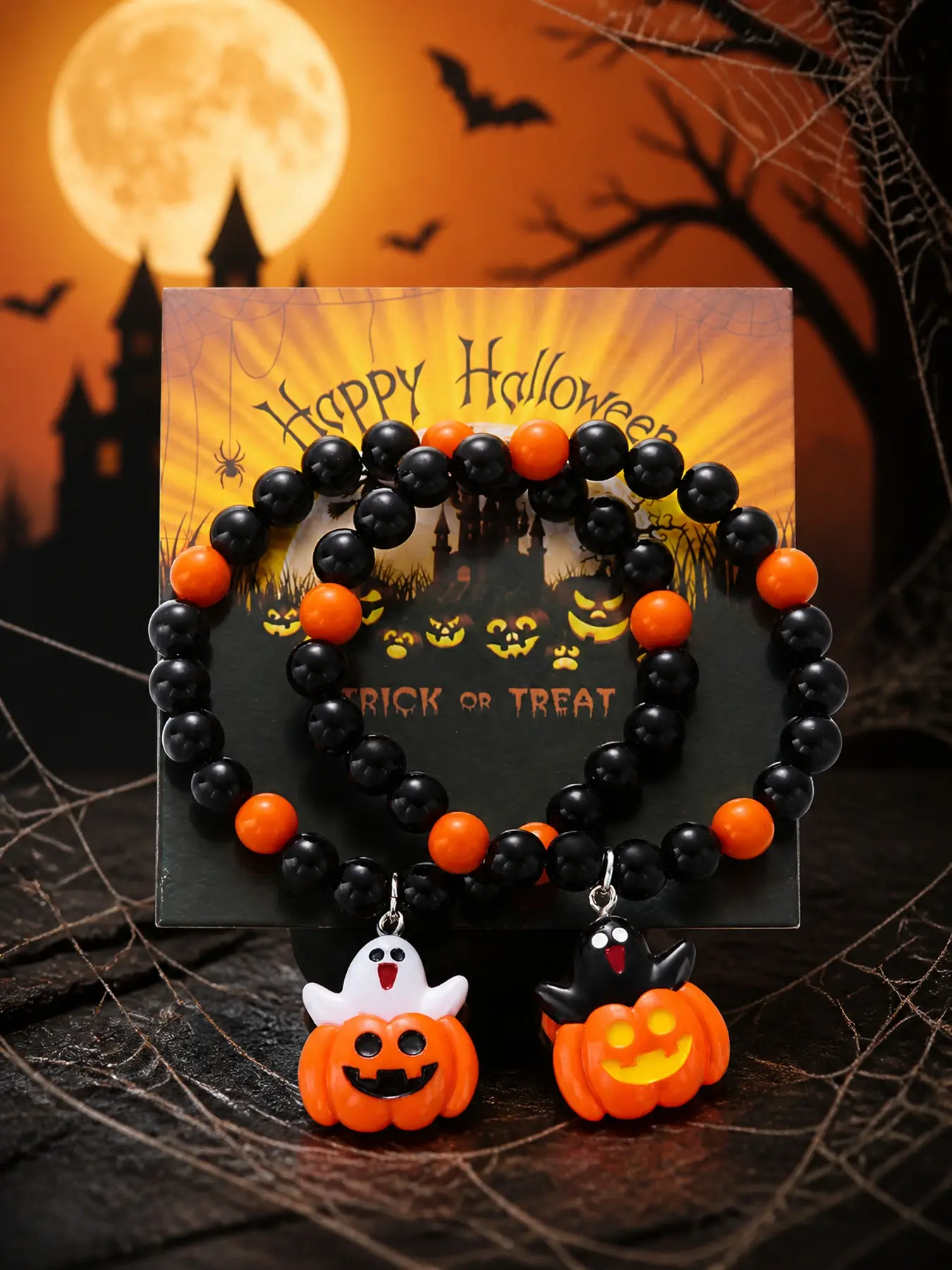 Halloween Beaded Bracelet for Women Men, Pumpkin Ghost Charm Bracelet, Spooky Cute Jewelry Accessory, Fall Festival Gift & Party Wear
