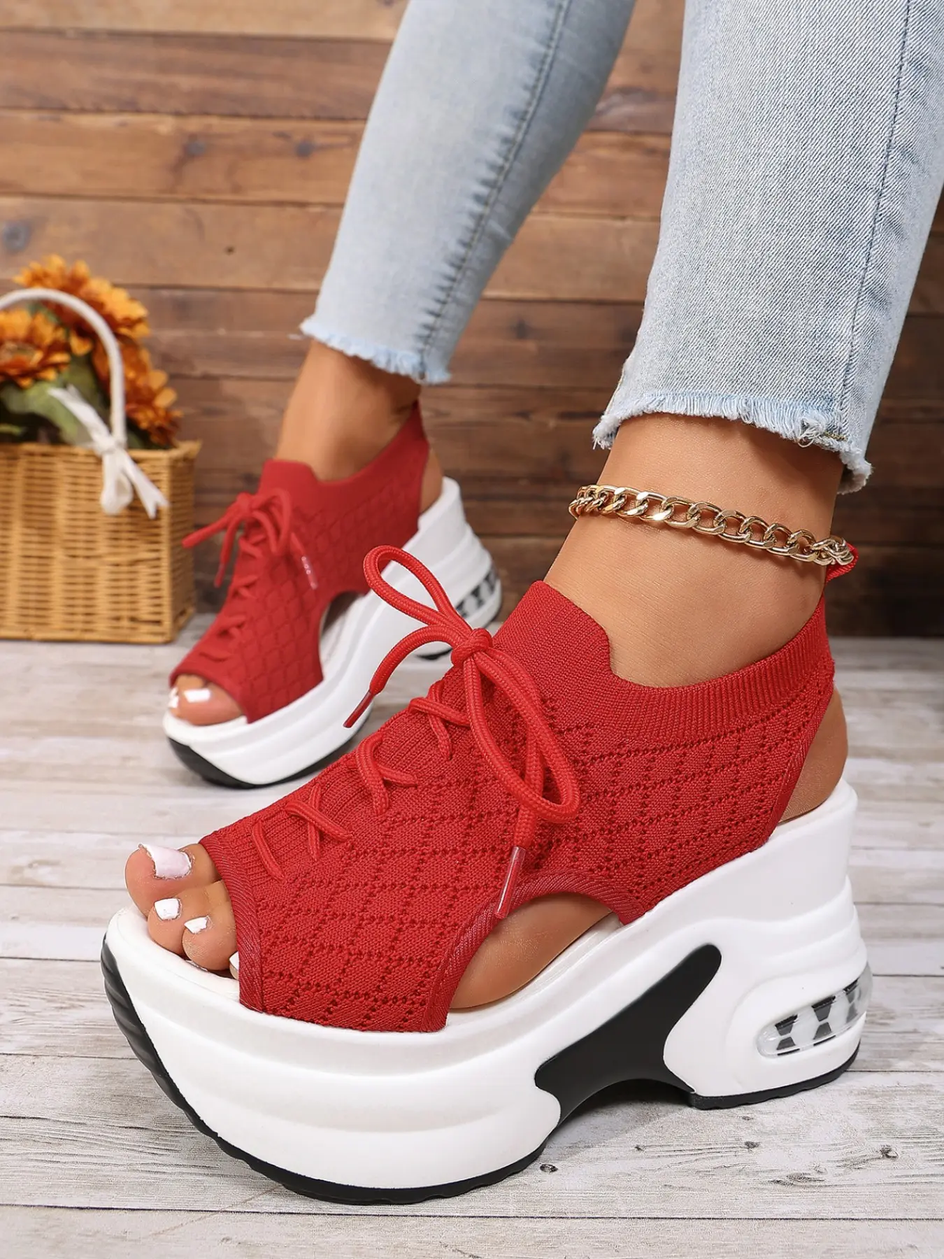 Trendy Air Cushion Wedge Sandals, Elastic Flyknit Fabric, Breathable, Easy Lacing, Thick Sole, Summer Casual Women's Shoes