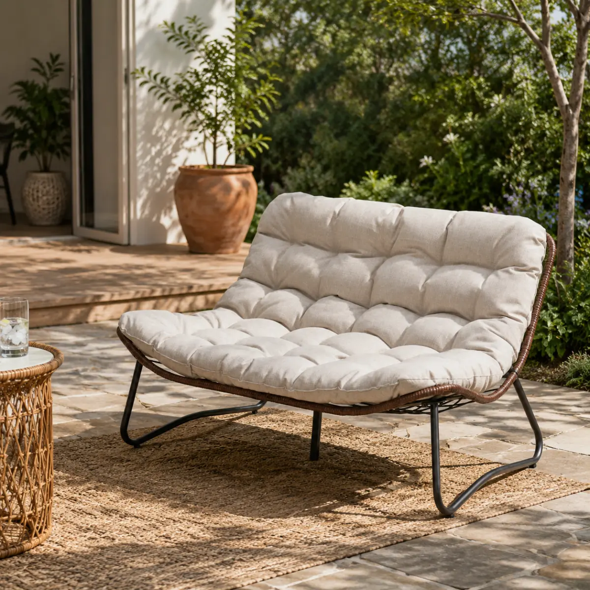 Aobtkel Outdoor Wicker Loveseat Glider Sofa - Sturdy Metal Frame, Waterproof Thick Luxury Cushions, All-Weather Patio Furniture, 270 lbs Capacity, Modern Fusion Design, Minimal Setup for Porches, Outdoor Balconies, Gardens, Indoors