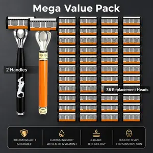 Men's 6-Blade Shaving Set, 2 Premium Handles, 36 Replacement Blades, Smooth Shave, Ergonomic Non-Slip Handle, Durable Sharp Blades, Travel Friendly