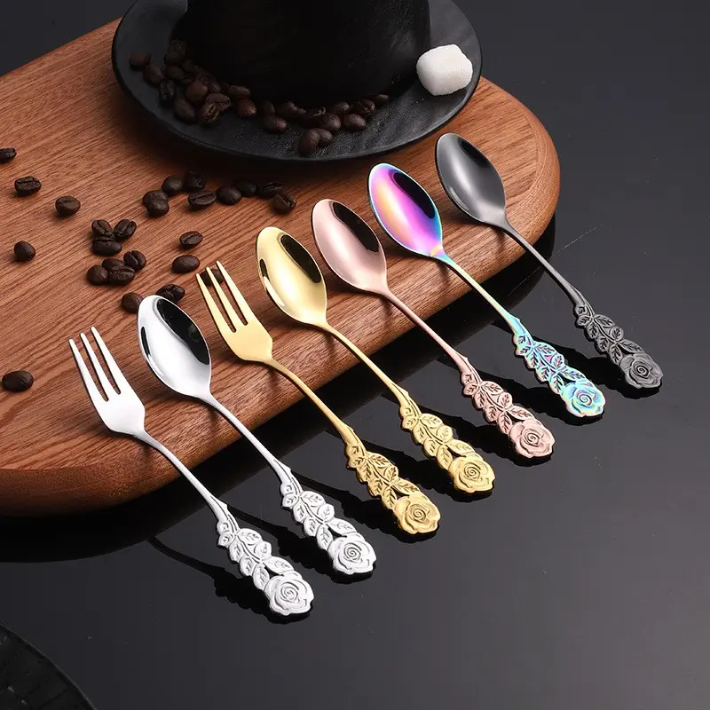 Vintage Rose Stainless Steel Spoon Fork Set, Elegant Relief Pattern, Coffee Dessert Stirrer, Fruit Snack Fork, Afternoon Tea Utensils