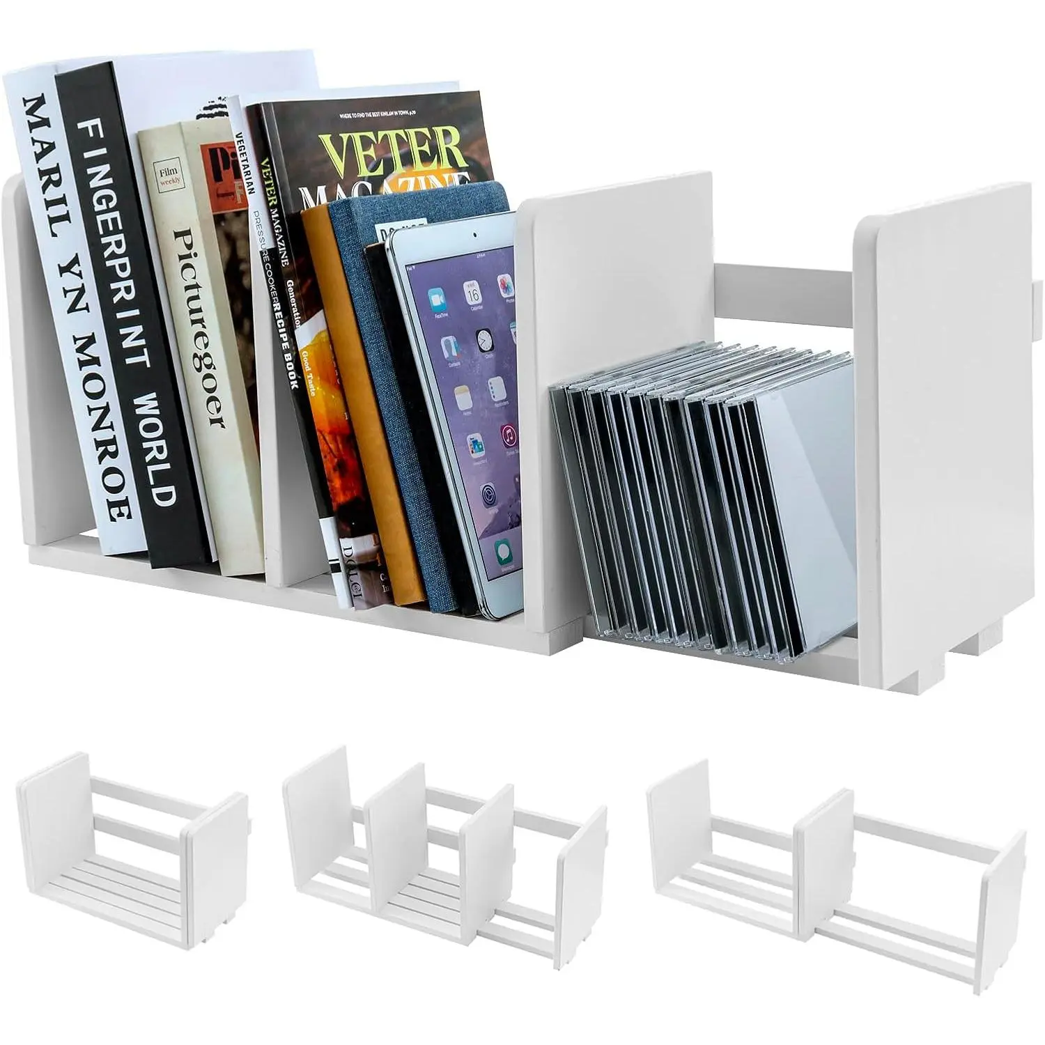 White  Desktop Bookshelf Organizer, Expandable Adjustable Display Shelf Book Rack