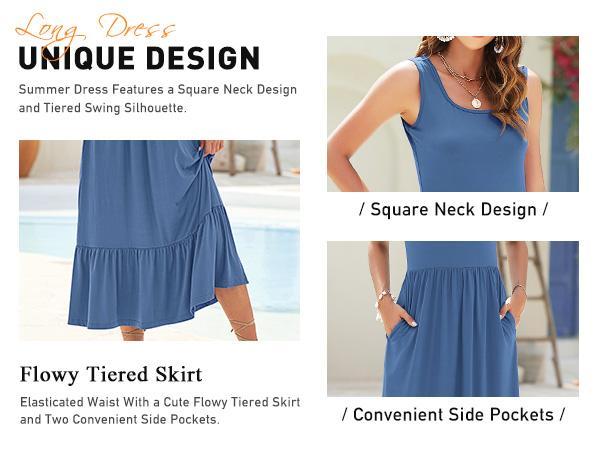 AUSELILY 2026 Womens Summer Dresses Sleeveless Maxi Dress Square Neck Casual Tiered Swing Dress with Pockets Summer Dress Sunshine Floral