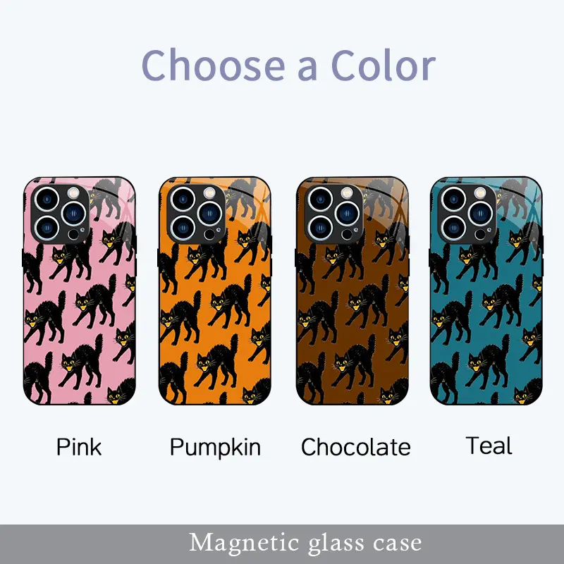 Halloween Cute Black Cat Magnetic Glass Case, Spooky Vintage MagSafe Cover for iPhone 16 15 14 13 12 11 Pro Max Plus /Galaxy S26 S25 S24 Aesthetic ---975