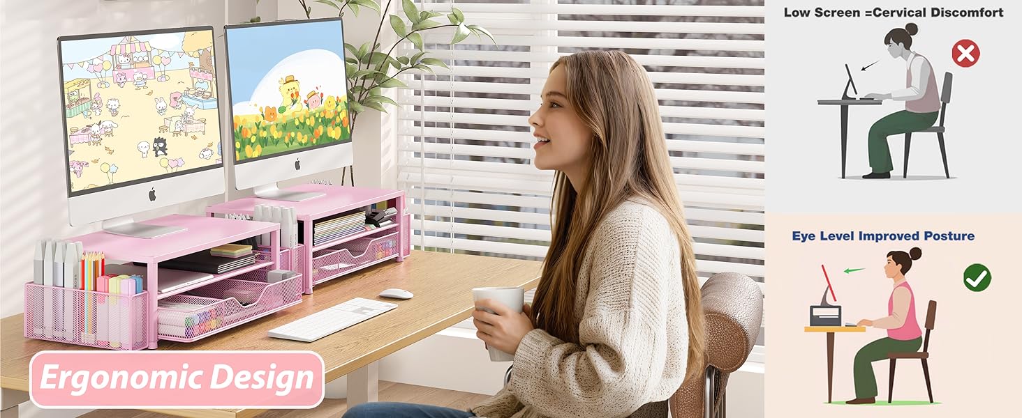 Desk Organizers and Accessories, 2-Tier Computer Monitor Stand Riser with Drawer and 2 Pen Holders, Laptop Stand, Office Desk Accessories & Office Decor for Women, Pink