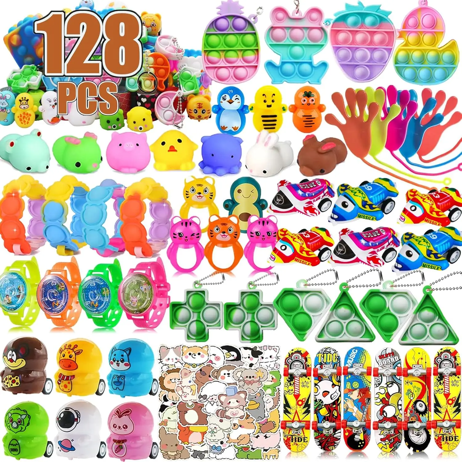 128 Pcs Party Favors for Kids, Pop Fidget Toys Bulk, Treasure Box Toys, Pinata Stuffers, Classroom Prizes, Goodie Bag Filler, Treasure Chest Carnival Prize for Boys Girls 4-8fidget toys