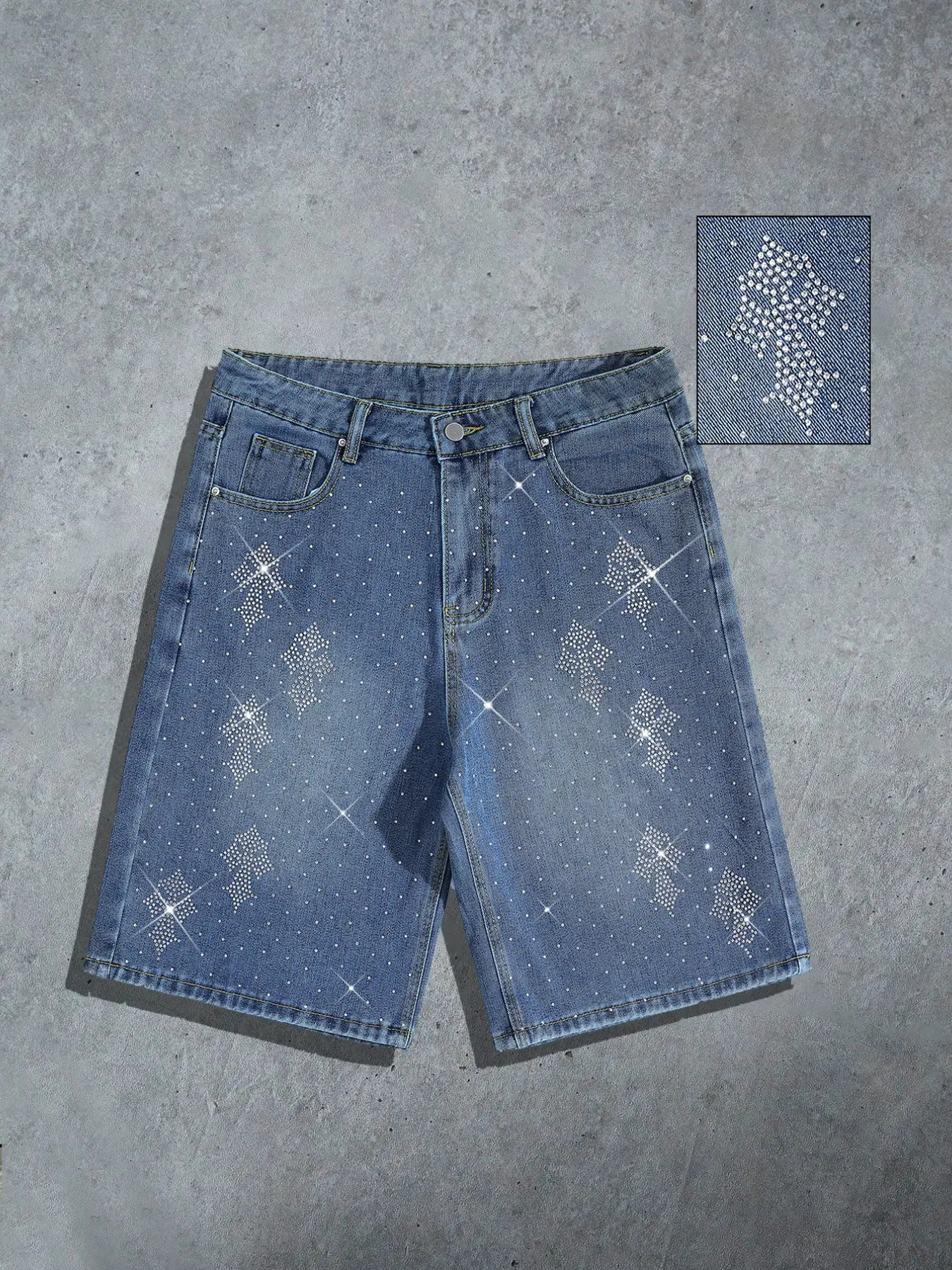 Men Rhinestone Lightning Denim Shorts Y2K Diamond Starburst Crystal Jorts Hip Hop Baggy Jeans Shorts Mid Wash Streetwear Everyday Shorts for Boys