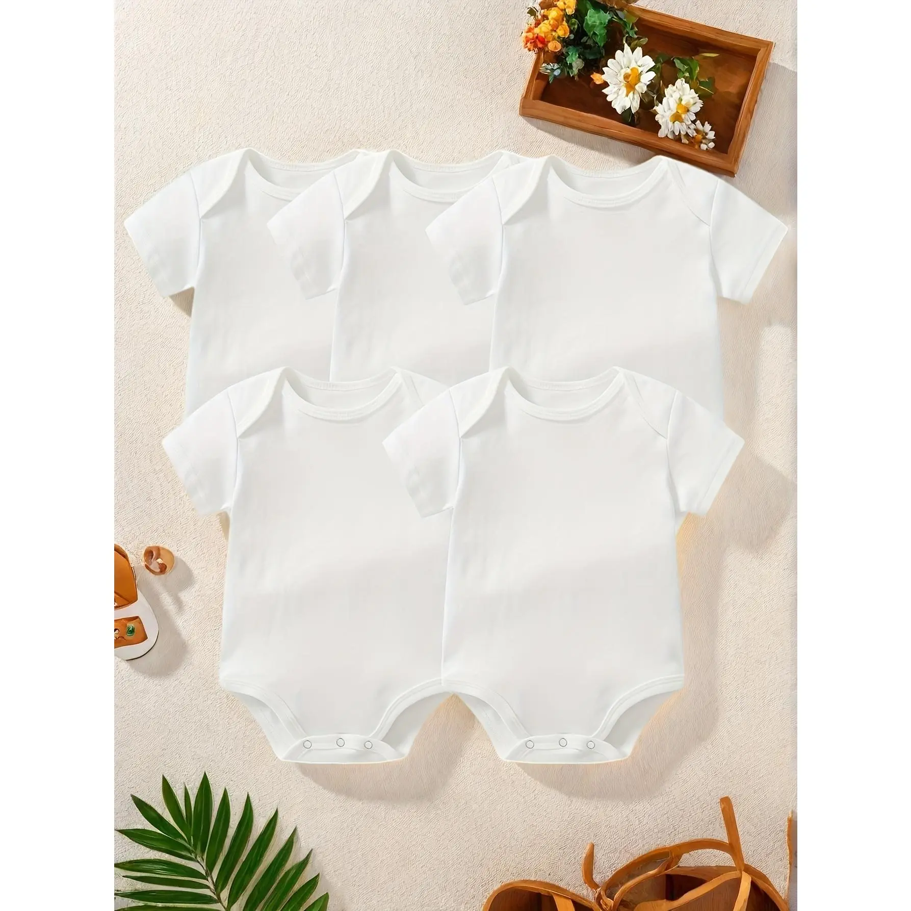 Girls' 5pcs Polyester Blend Baby Bodysuit Bulk Set - Casual Crew Neck, Short Sleeve, Slight Stretch, Base Layer Fit, Comfortable Triangle Jumpsuit, Kids' Fashion Top