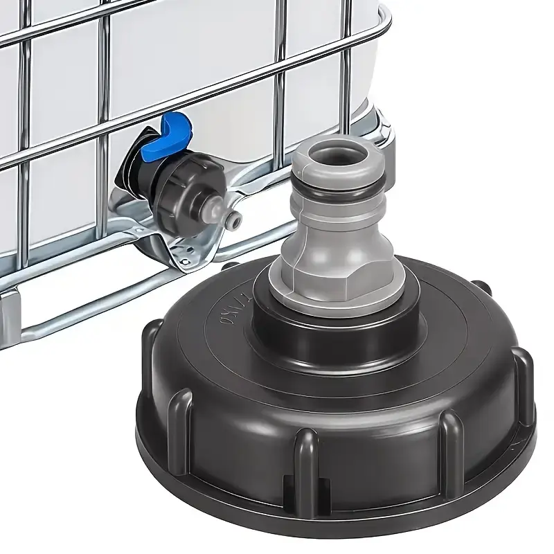 Bucket lid+threaded connector, IBC ton bucket quick plug connector, including convex lid and threaded nipple connector, RV water tank adaptation design. The connection improves the efficiency of liquid transmission, and the leak proof structur